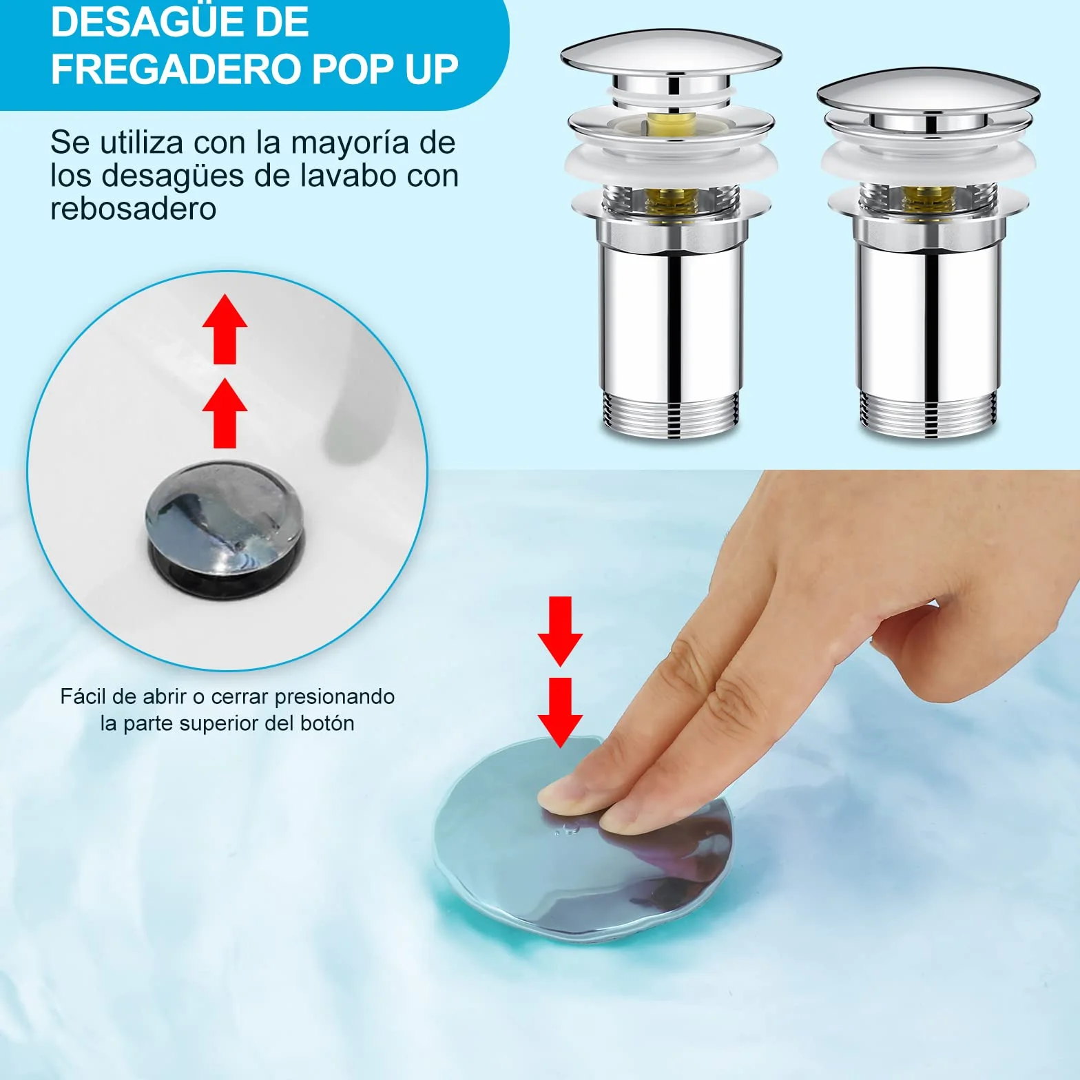 Linkax Tapón Universal G1 1/4" Click Clack Desagüe Lavabo Válvula Baño Inodoro Rebosadero Plata 41-53mm