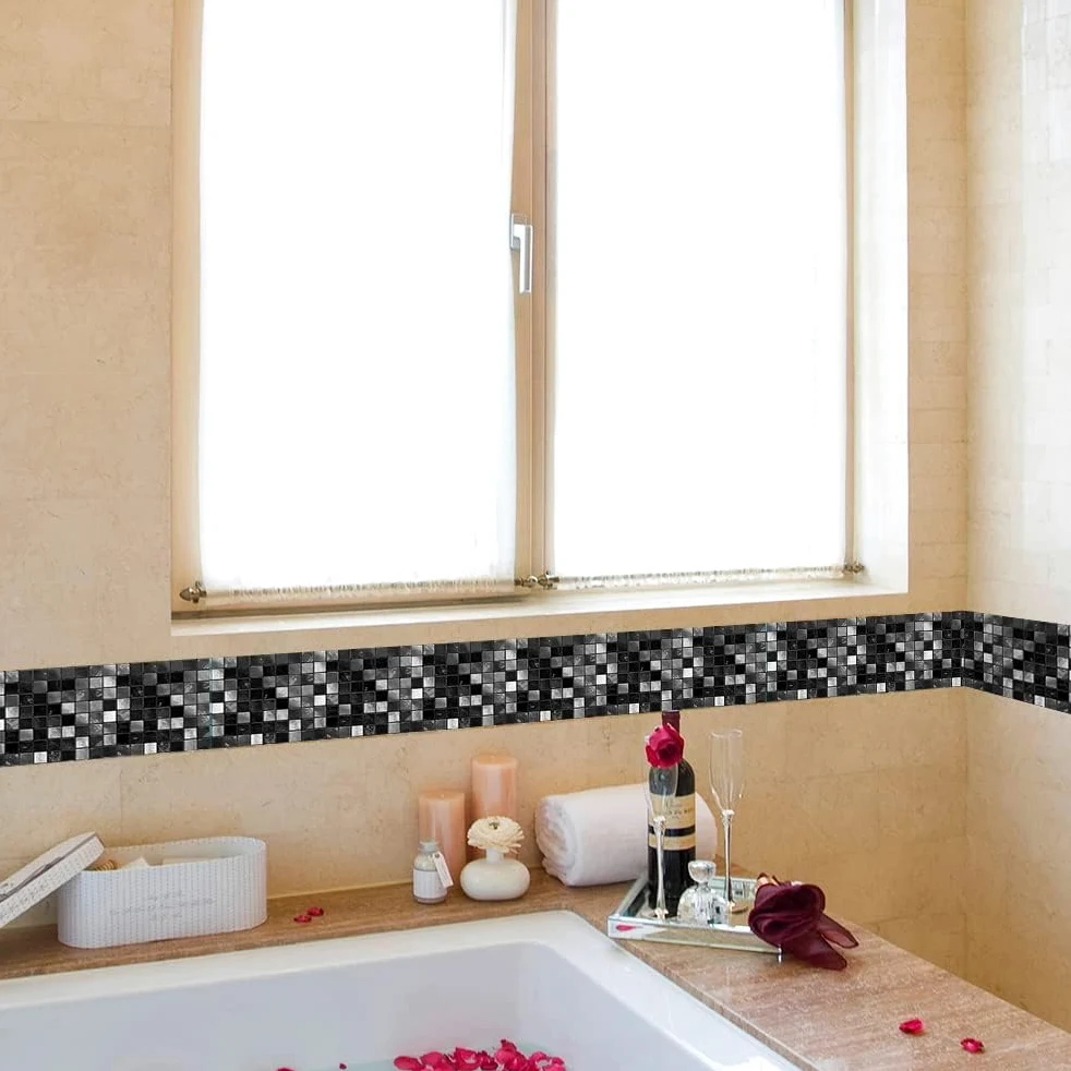 neukids Borde de pared de mosaico negro para despegar y pegar, borde de rodapiés, bordes de pared, sala de estar, dormitorio, baño, cocina, decoración de papel tapiz