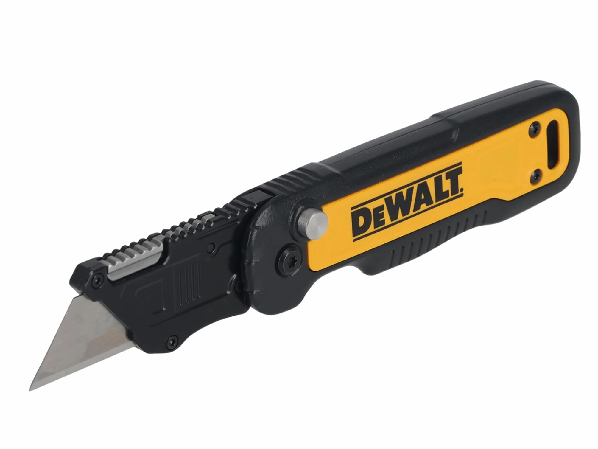 Cuchillo utilitario plegable DeWALT con empuje y volteo diseñado con un mango de metal para durabilidad, clip de bolsillo de alto rendimiento y orificio de sujeción integrado. Ideal para trabajar en
