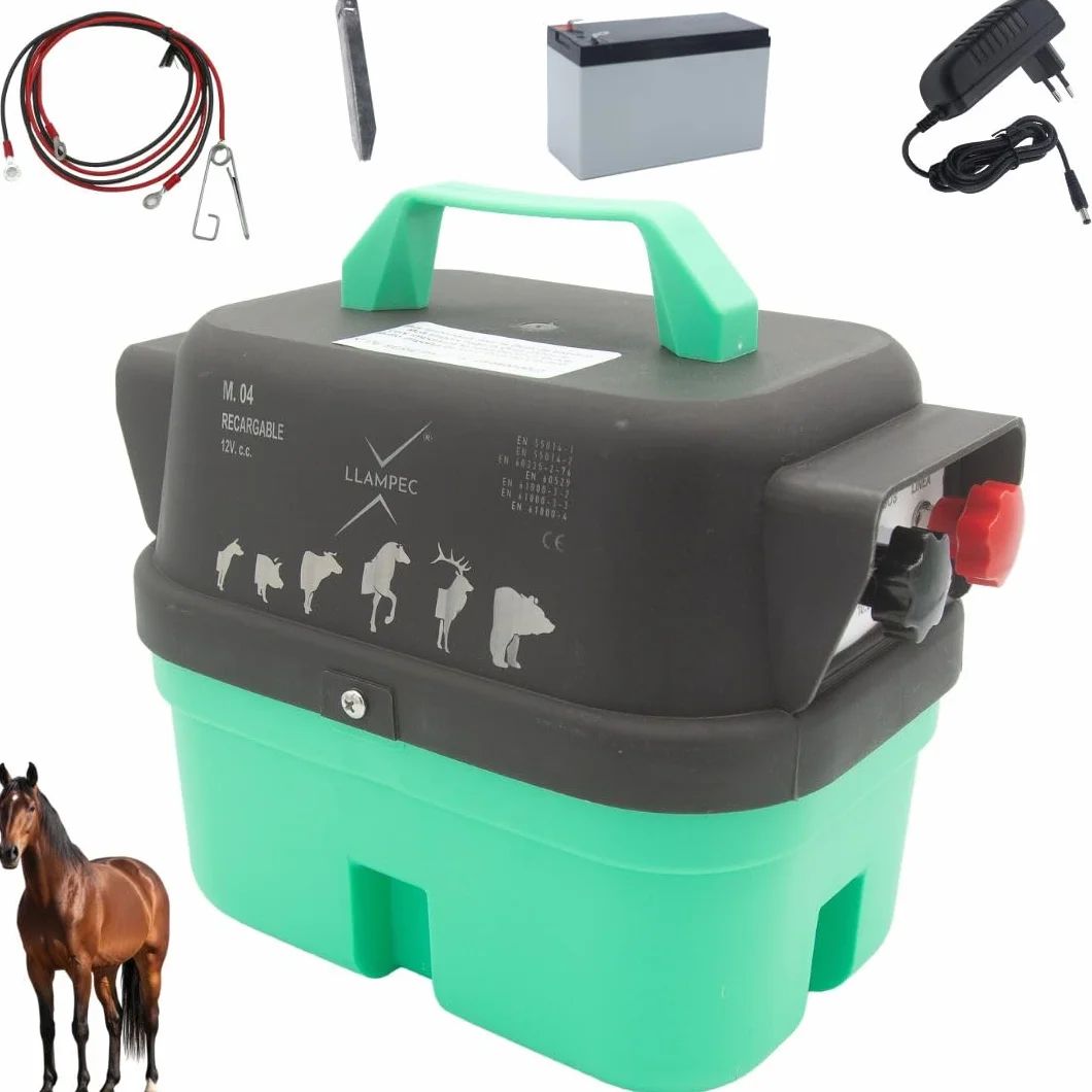 Llampec Pastor Eléctrico Recargable Mod.04 con Batería 12v 7Ah Incluida – 1,6 J - 9.500 V y 10 km de Alcance – Cerca eléctrica para Perros, Caballos, Cerdos y Vacas – Fabricado en España