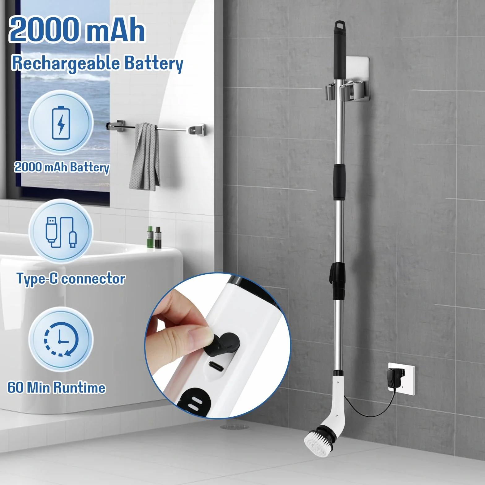 Cepillo Electrico Limpieza Hogar Kit, Escoba Limpieza Fregadora Electrica, con 7 Cabezales de Cepillo de Repuesto, Power Scrubber con Mango Ajustable, para Baño, Suelo de Baldosas, Coche