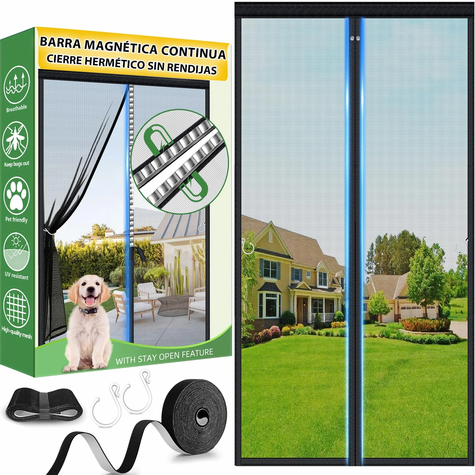 Mosquitera Puerta Magnetica, 90x210cm Cierre Magnético Completo, Sin Huecos, Fibra de Vidrio, Protección Contra Insectos, Imán sin Necesidad de Taladrar, Resistente a la Rotura, Resistente