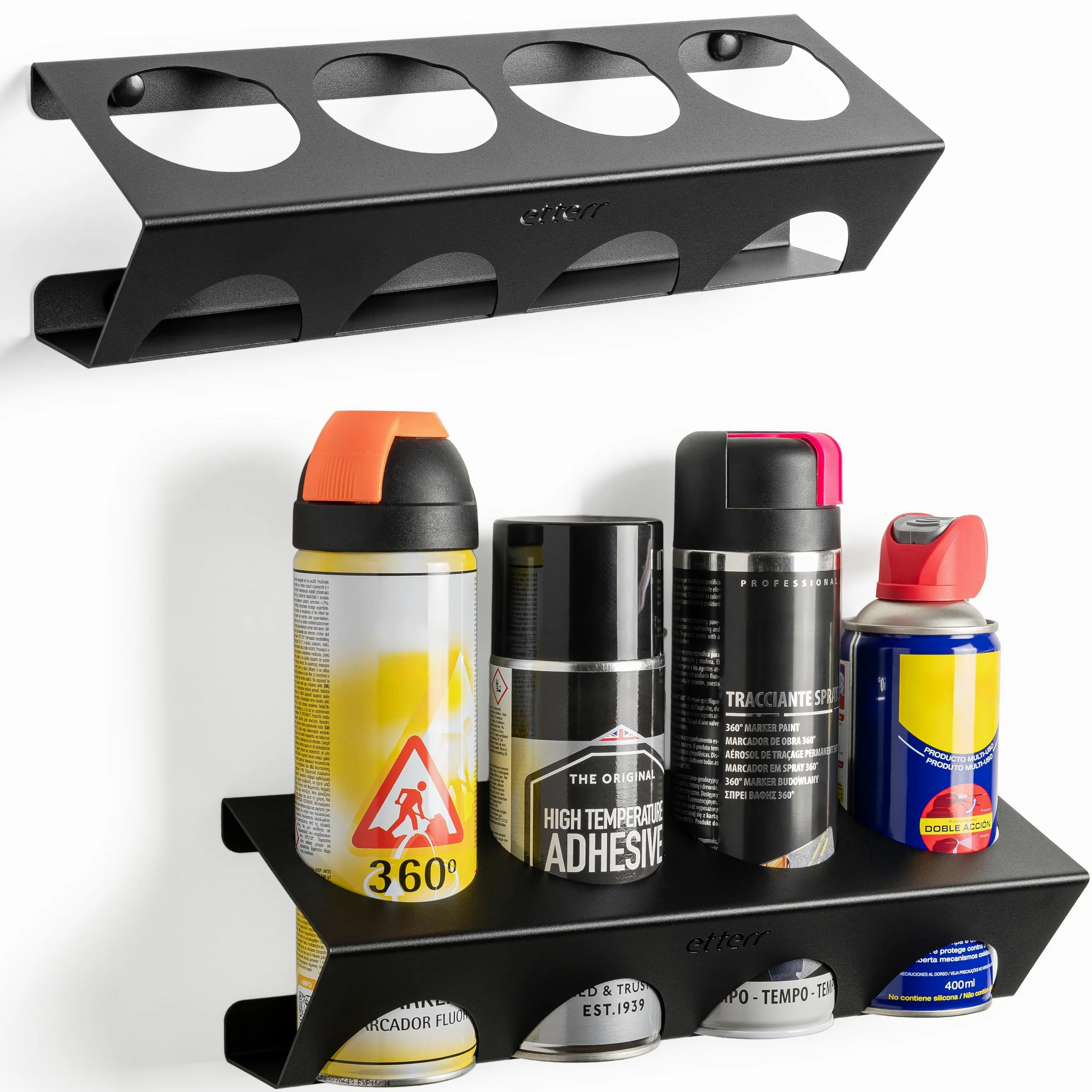 Soporte de Pared para Sprays y Aerosoles Ø65 mm | 100 % Acero Reforzado | Organizador Estantería Balda Taller, Garaje, Furgoneta | Fabricado en Europa | 400 ml | 500 ml | 366 g | 4 Botes