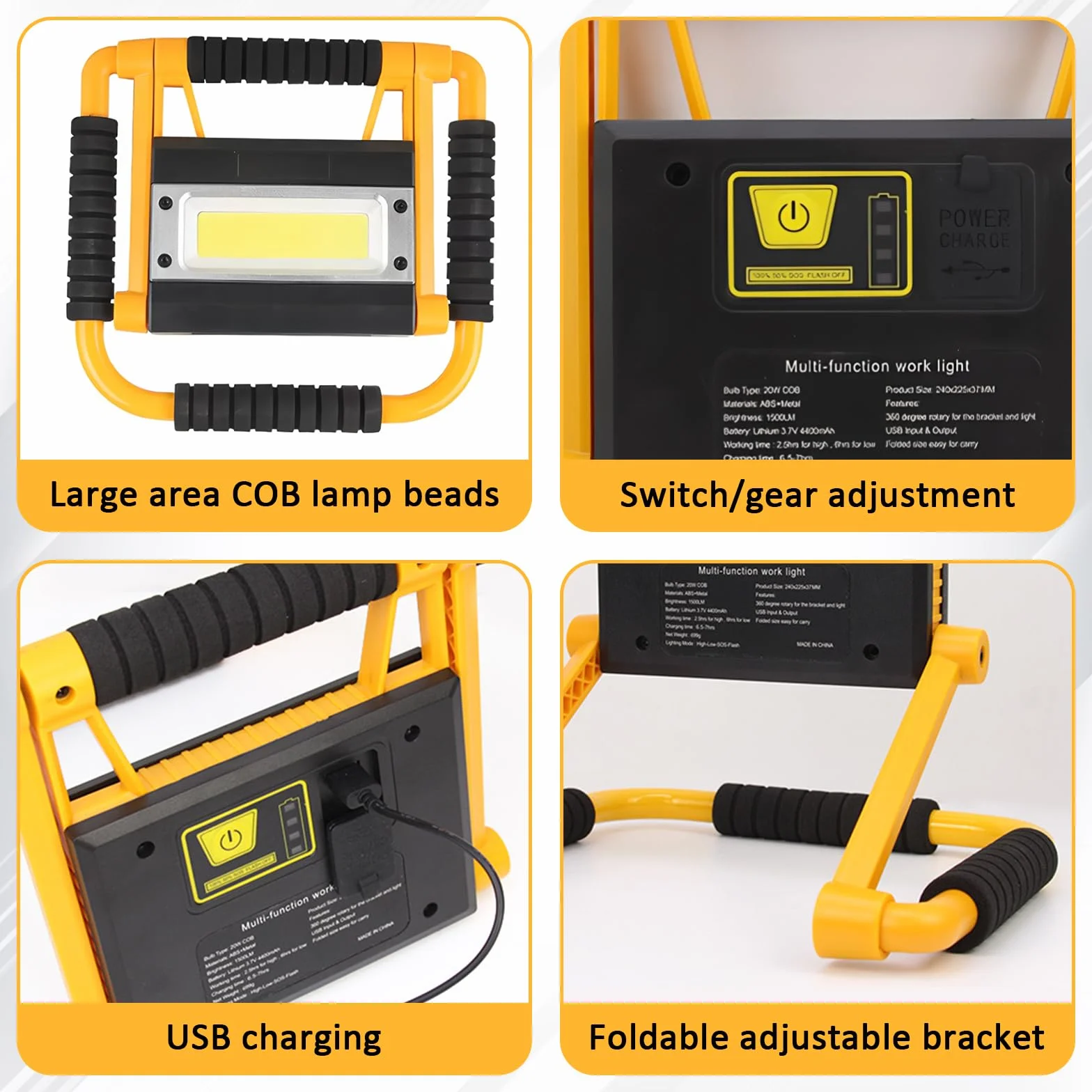 Foco LED de 20 W con batería, 4400 mAh, 1600 lm, lámpara de trabajo portátil, lámpara de camping portátil al aire libre, 4 modos de luz y batería recargable, para camping, garaje, emergencia, obra