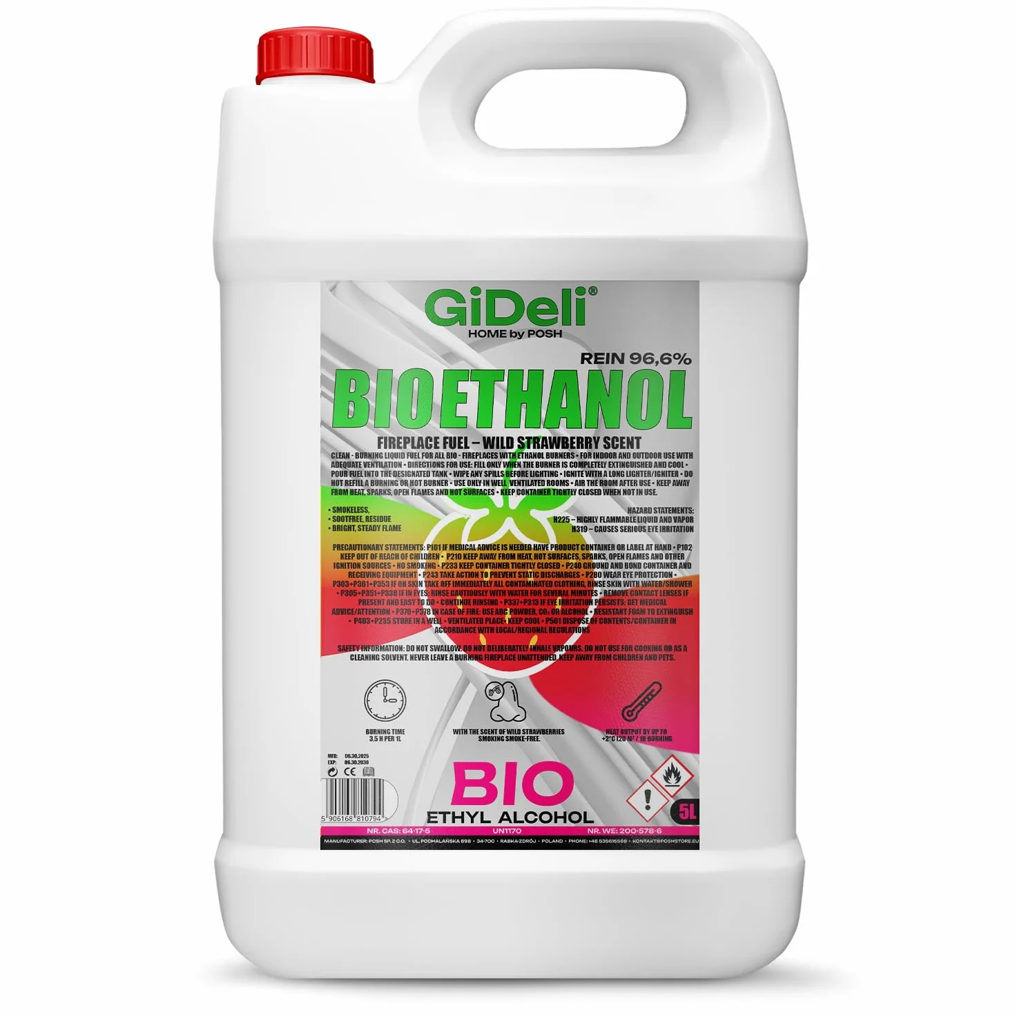 GiDeli Bioetanol 5 l de aroma a fresa silvestre, 96,6% etanol, para interiores y exteriores, sin humo ni hollín, de maíz y remolacha azucarera