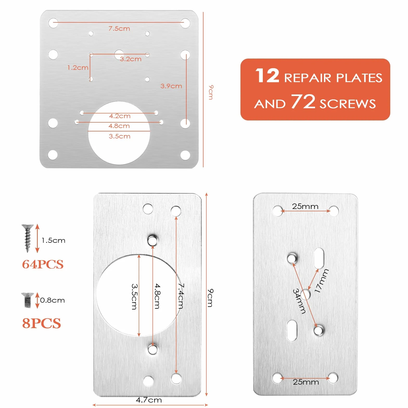 Placa Reparación Bisagras Cocina Inoxidable, 12 Piezas con Tornillos Fijación para Muebles Madera