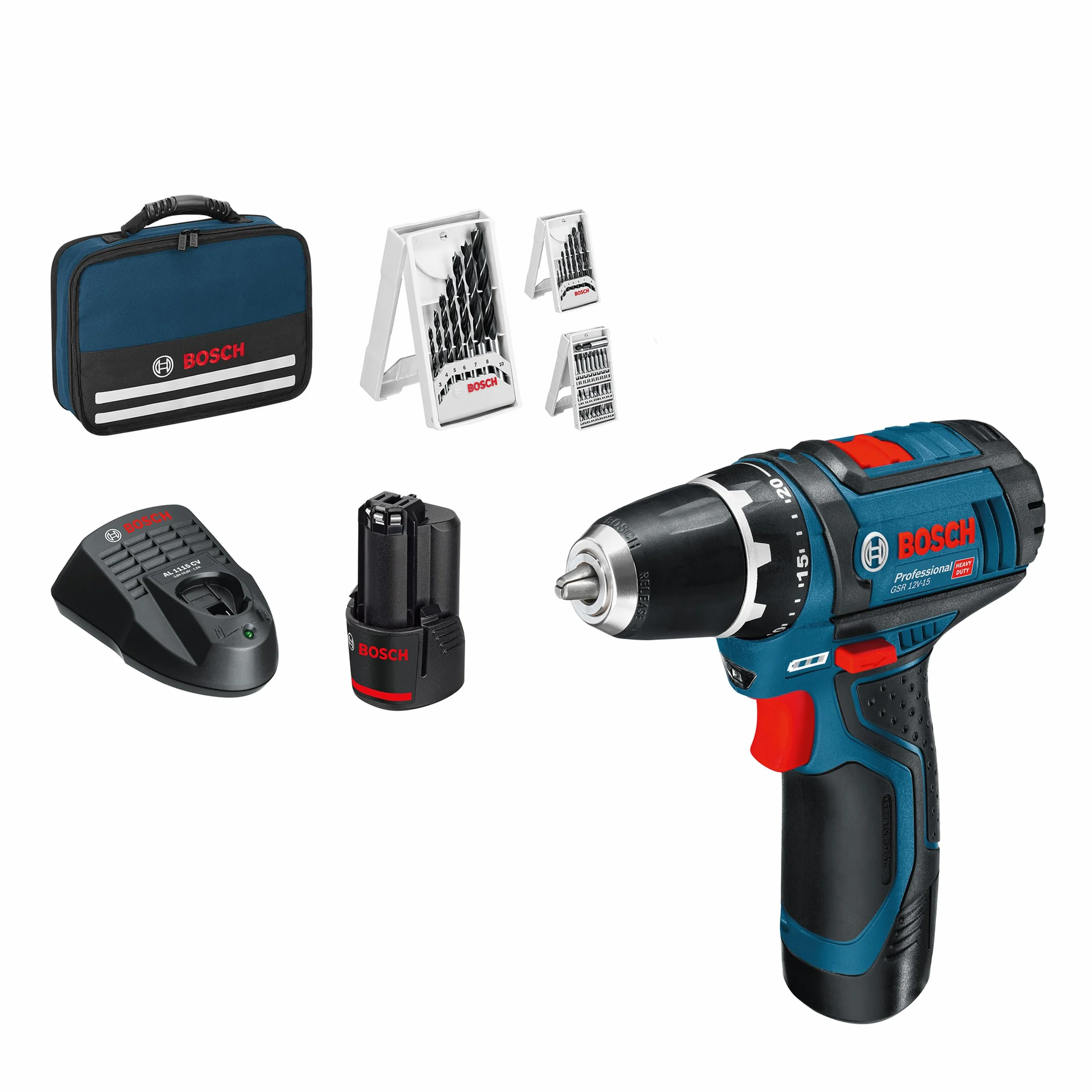 Bosch Professional 12V System atornillador a batería GSR 12V-15 (incl. 2 baterías de 2,0, cargador, set de 39 accesorios, bolsa de herramientas) - Set exclusivo de Amazon