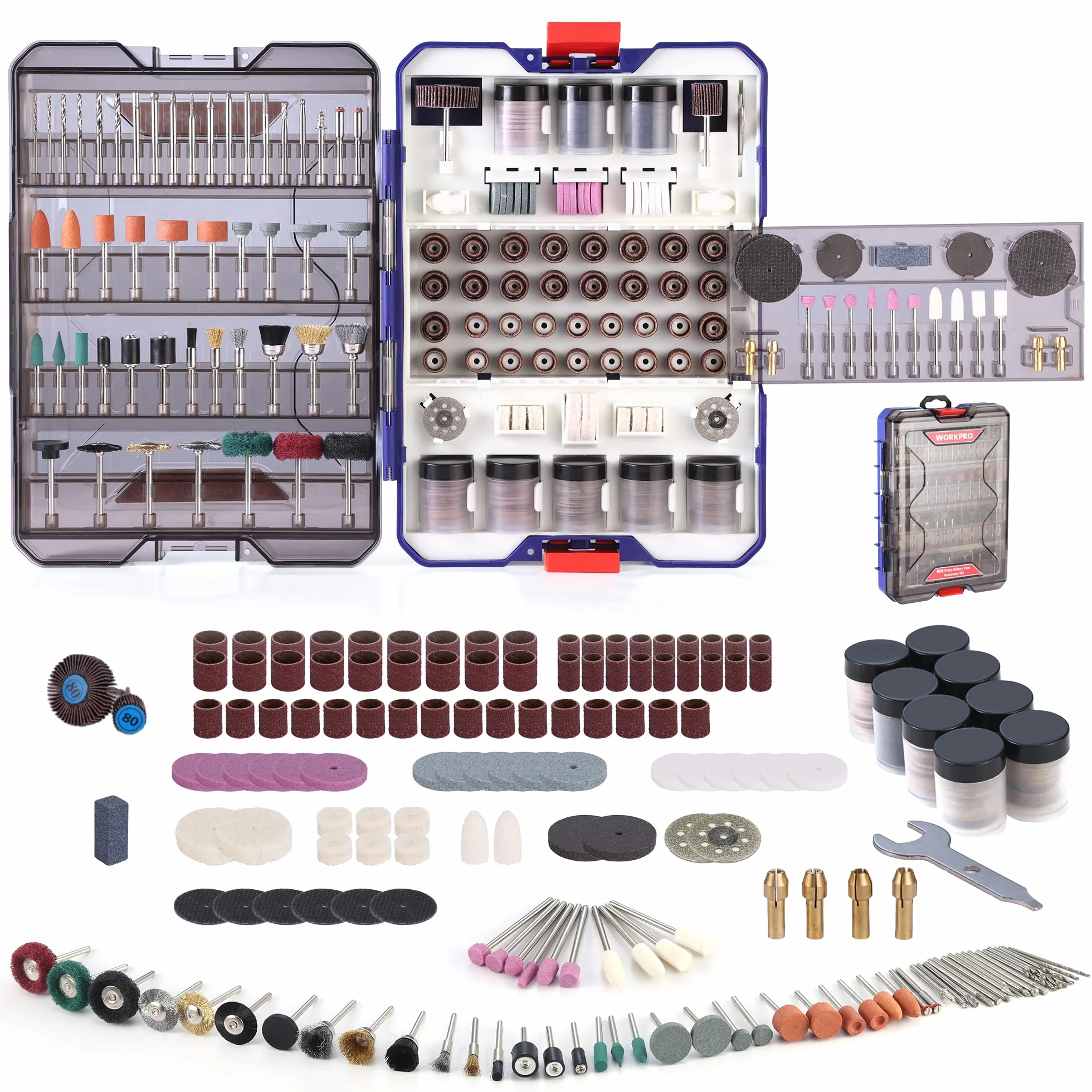 WORKPRO Kit de 698 Accesorios Multifunción para Herramienta Rotativa Dremel u Otro, Juego de Brocas de Herramienta Giratorias para Cortar, Lijar, Moler, Tallar, Pulir, Taladrar y Grabar