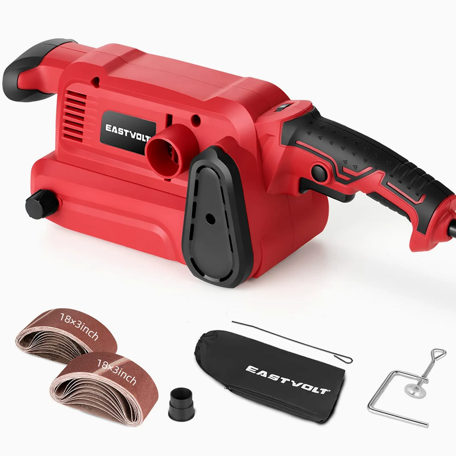 Eastvolt Lijadora de banda de 7 amperios 200-360 RPM con 6 velocidades variables, lijadora de banda de 3 x 18 pulgadas con 20 correas de lijado, abrazaderas de tornillo, bolsa de polvo