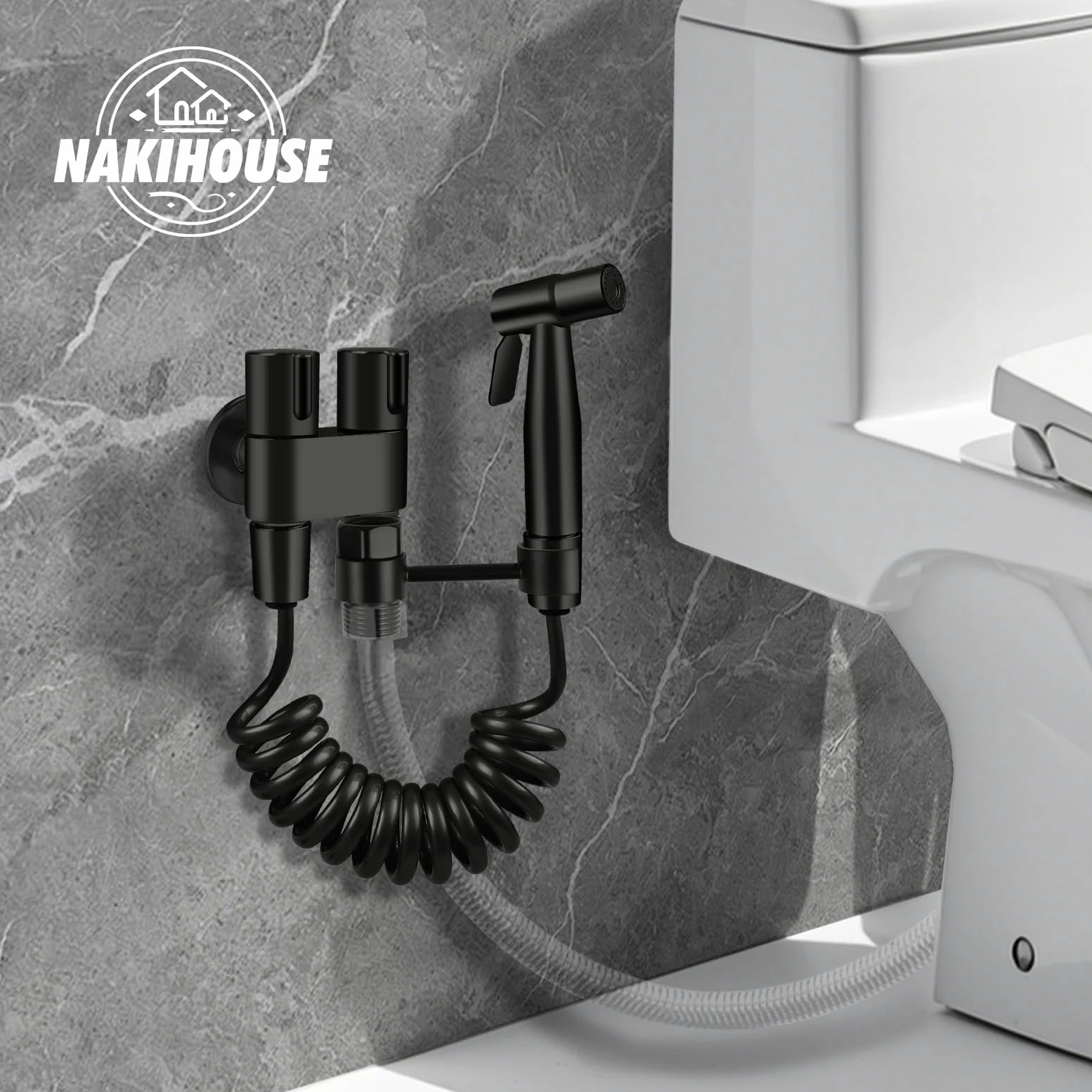 Bidet Handbrause für Toilette, Edelstahl Bidet Handbrause Set mit 1-in-2-Out Doppelsteuerventil Wasserhahnspender und Schlauch zum Waschen von Haustieren, Reinigen des Bades, Schwarz