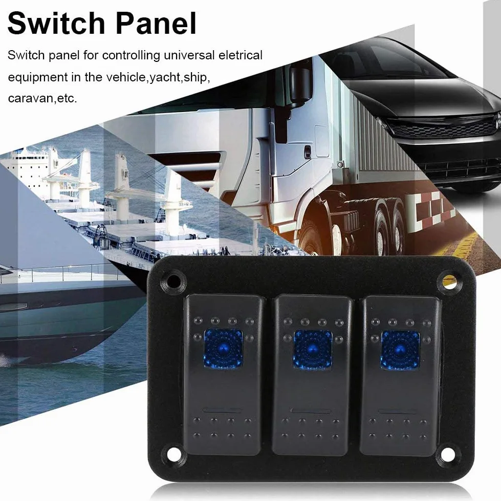 Geloo Panel de Interruptores de 3Gang Universales de Aluminio de 12V Interruptor Basculante Precableado 5 pines Encendido/Apagado Azul LED Retroiluminados