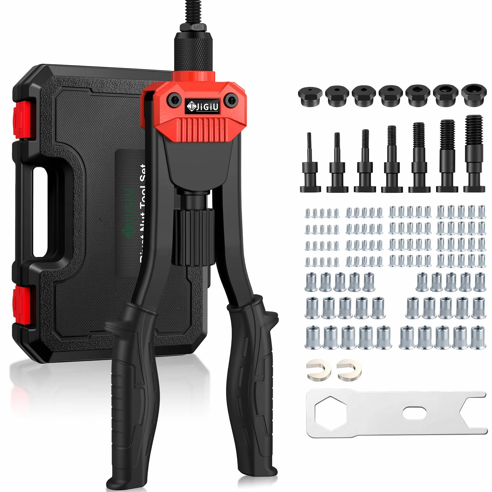 JiGiU 13'' Remachadora de Tuercas con 110 Tuercas M3 M4 M5 M6 M8 M10 M12 Juego de Alicates para Remachar 7 Mandriles Intercambiables para Automoción, Componentes Metálicos, Construcción