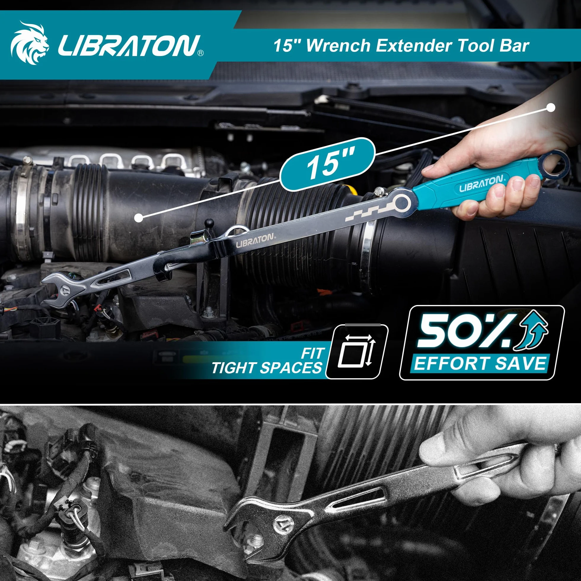 LIBRATON Barra Extensión de Llave de 38 cm, Herramienta Extensora de Llave para Máximo Apalancamiento, Adaptador Extensor de Llave para Reparación y Mecánica Automóviles, con Agarre Antideslizante