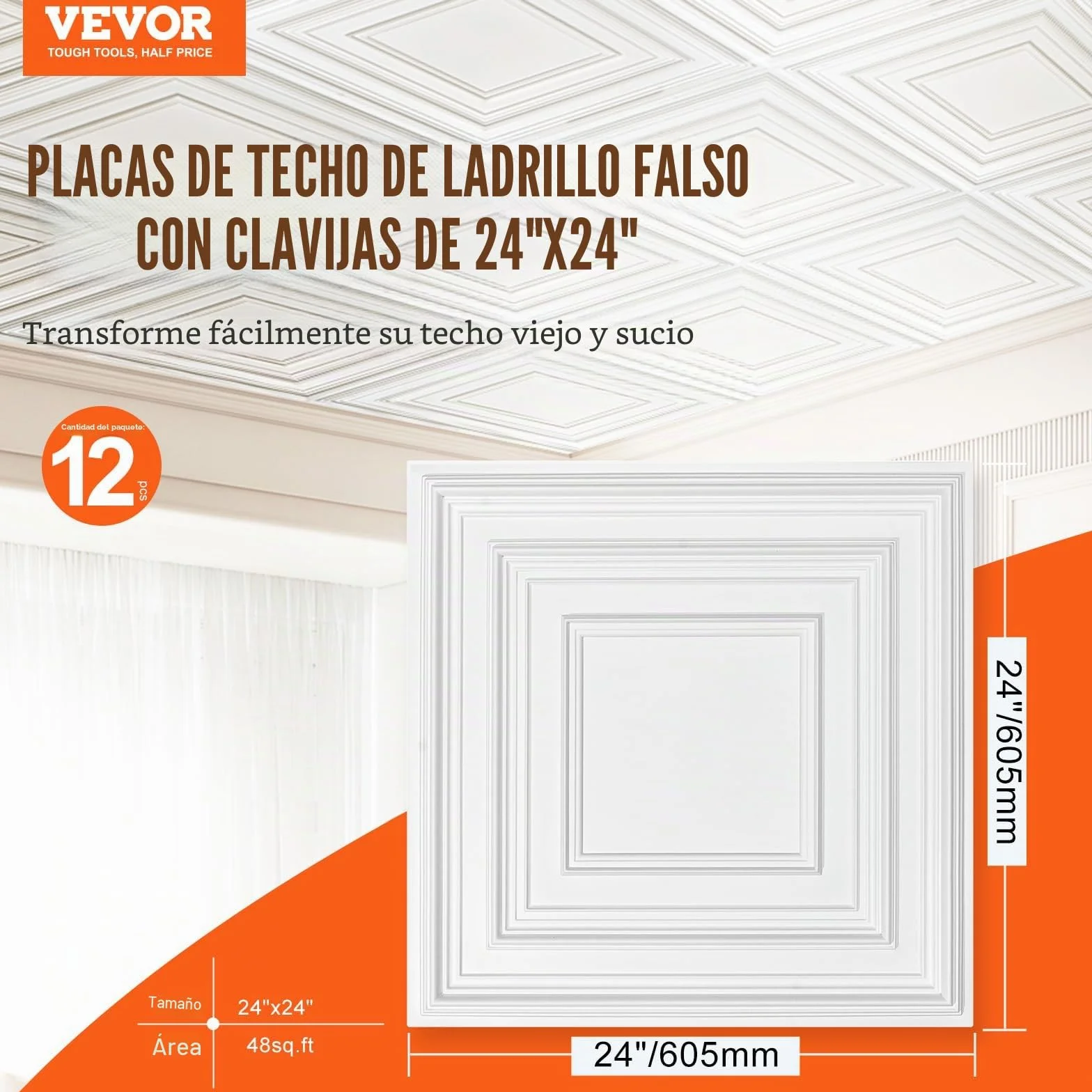 VEVOR Paneles para Techo Suspendidos 605x605 mm PVC Blanco Paquete 12