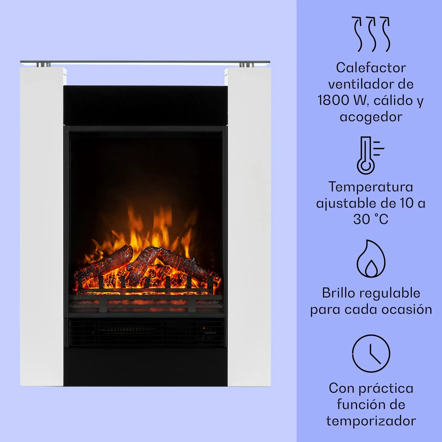 Klarstein Chimenea Electrica Pared, Estufa sin Leña de Interior, Chimeneas Electricas Decorativas 1800W, Llama LED, Chimenea Decorativa Falsa, Mando a Distancia, Temporizador y Termostato Ajustable