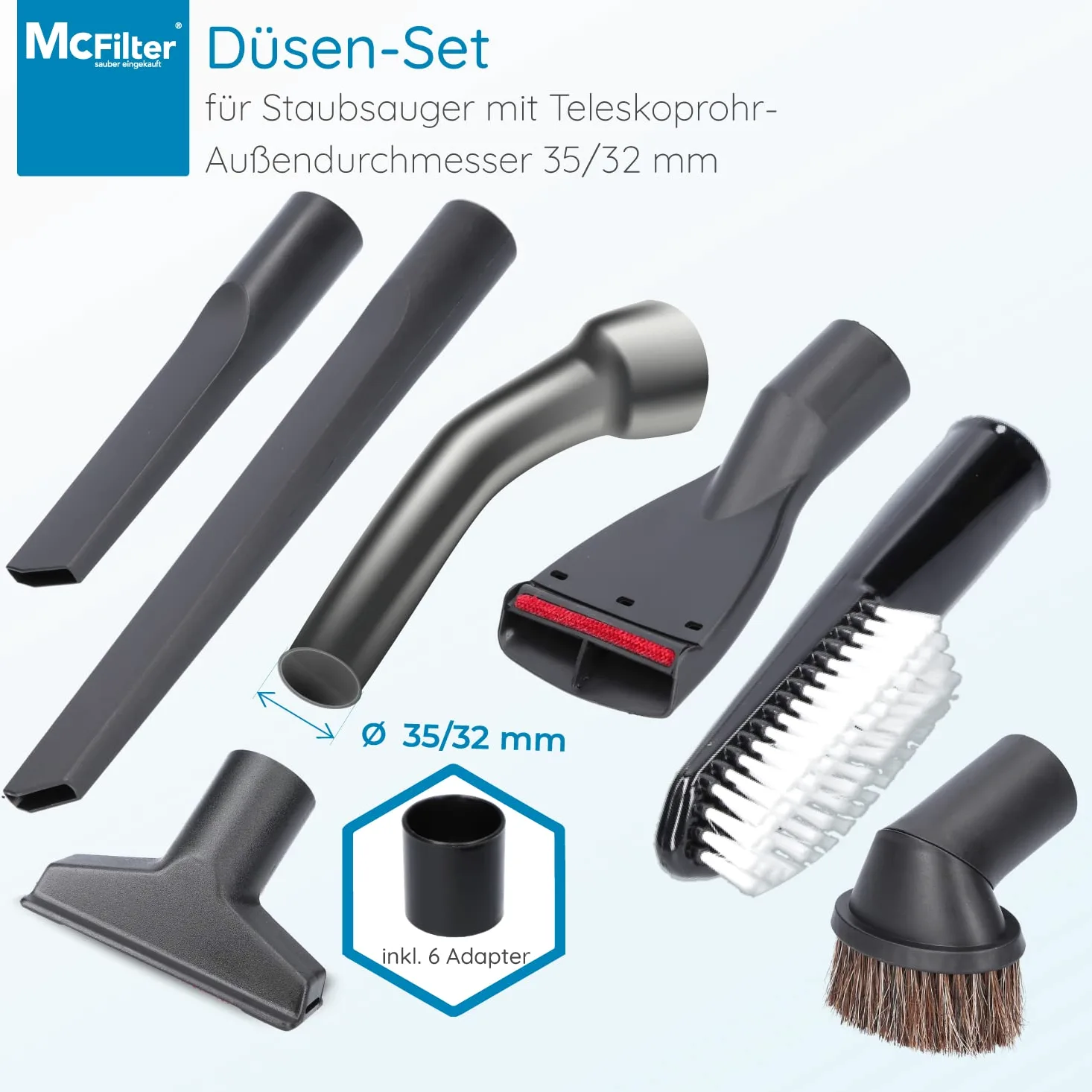 McFilter | Juego de boquillas 12 piezas compatible con MAKITA VC2010L VC2012L VC2512L VC3011L VC3012L VC3511L | boquilla para hendiduras, cepillo para muebles, cepillo de aspiración, adaptador