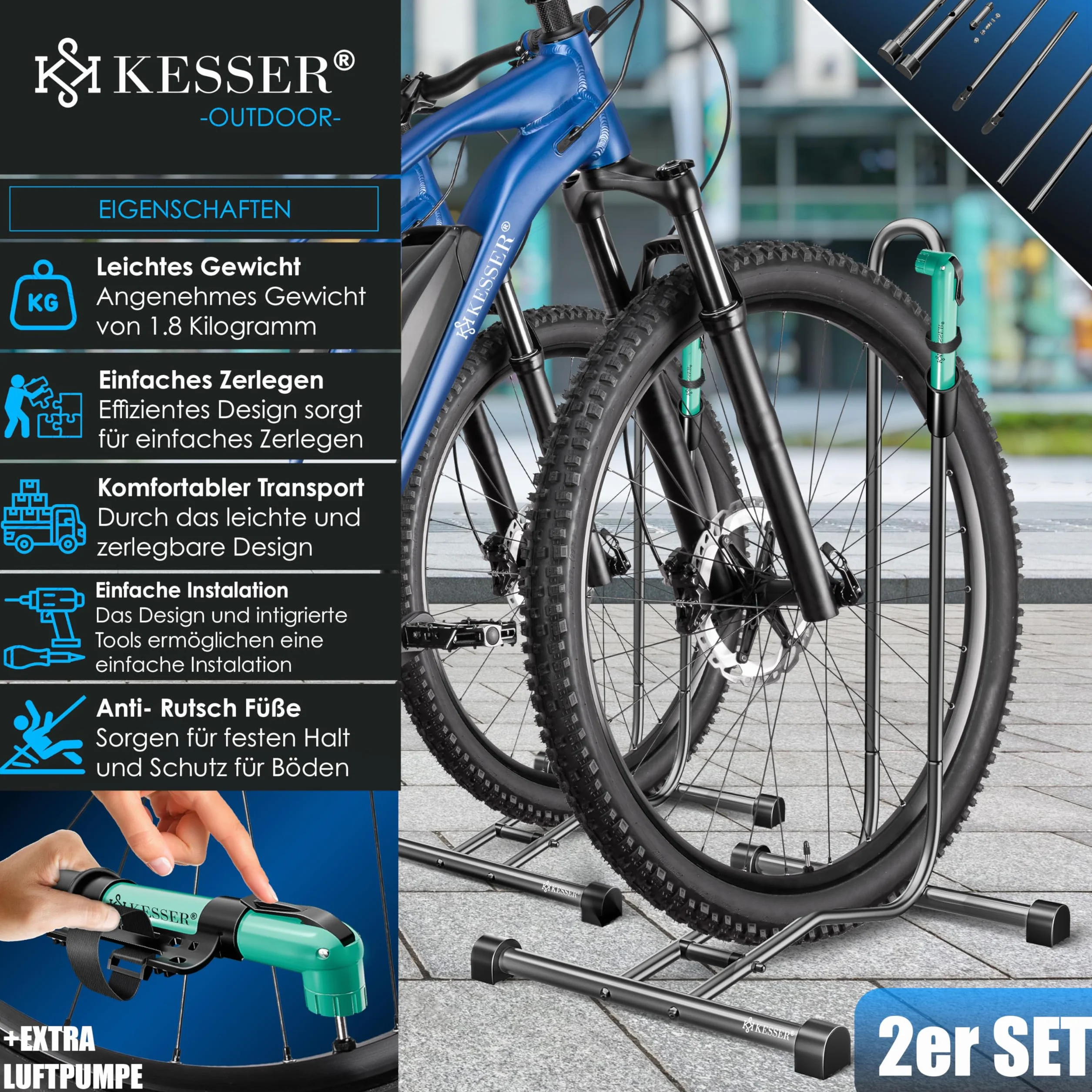 KESSER Soporte de bicicleta para bicicleta de montaña, eléctrica, ciudad, carretera, MTB, soporte de suelo independiente