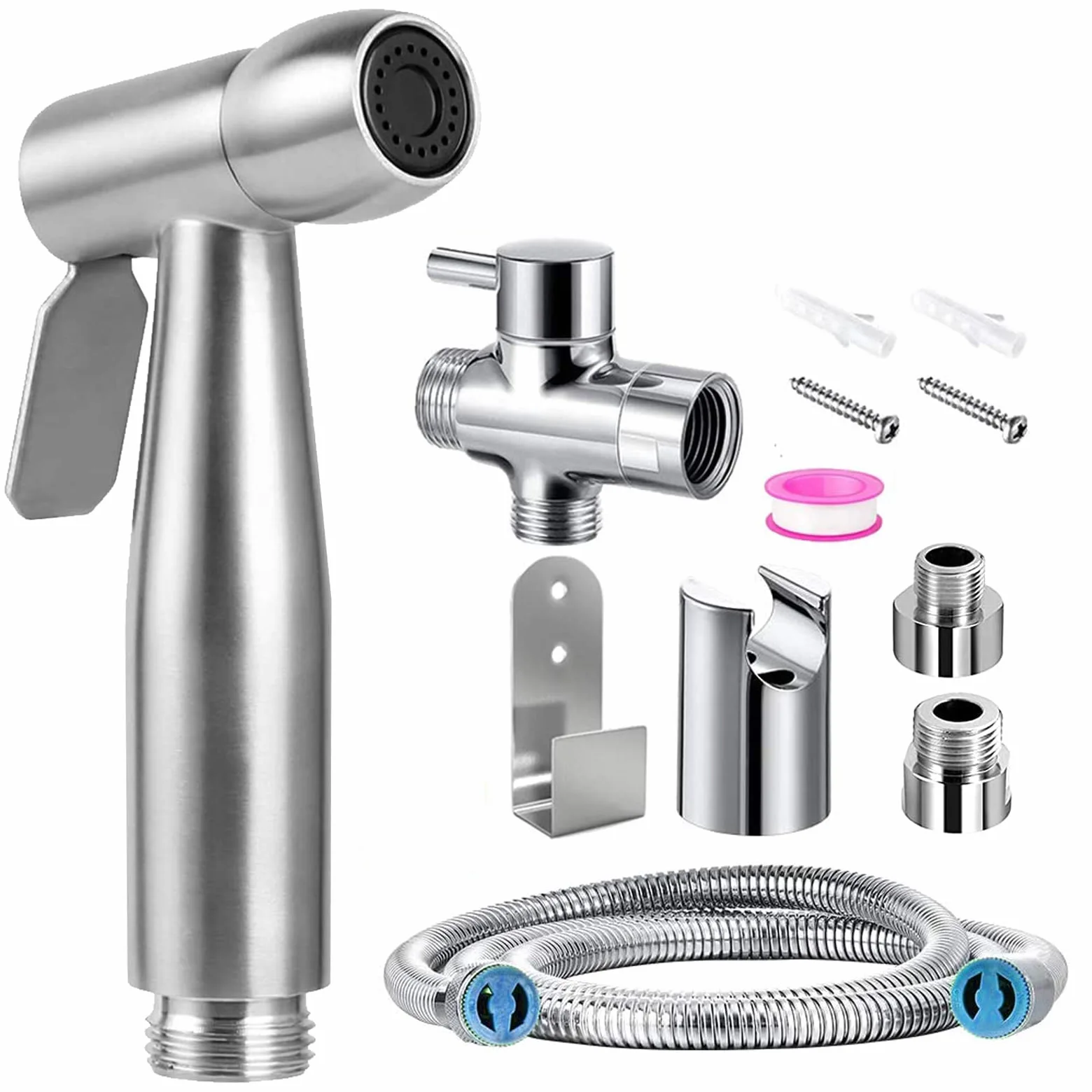 Kit de ducha para inodoro y aseo higiénico, kit de ducha Pulido con válvula de 3 vías (1/2"-3/8") - Ducha para higiene íntima (Plata)