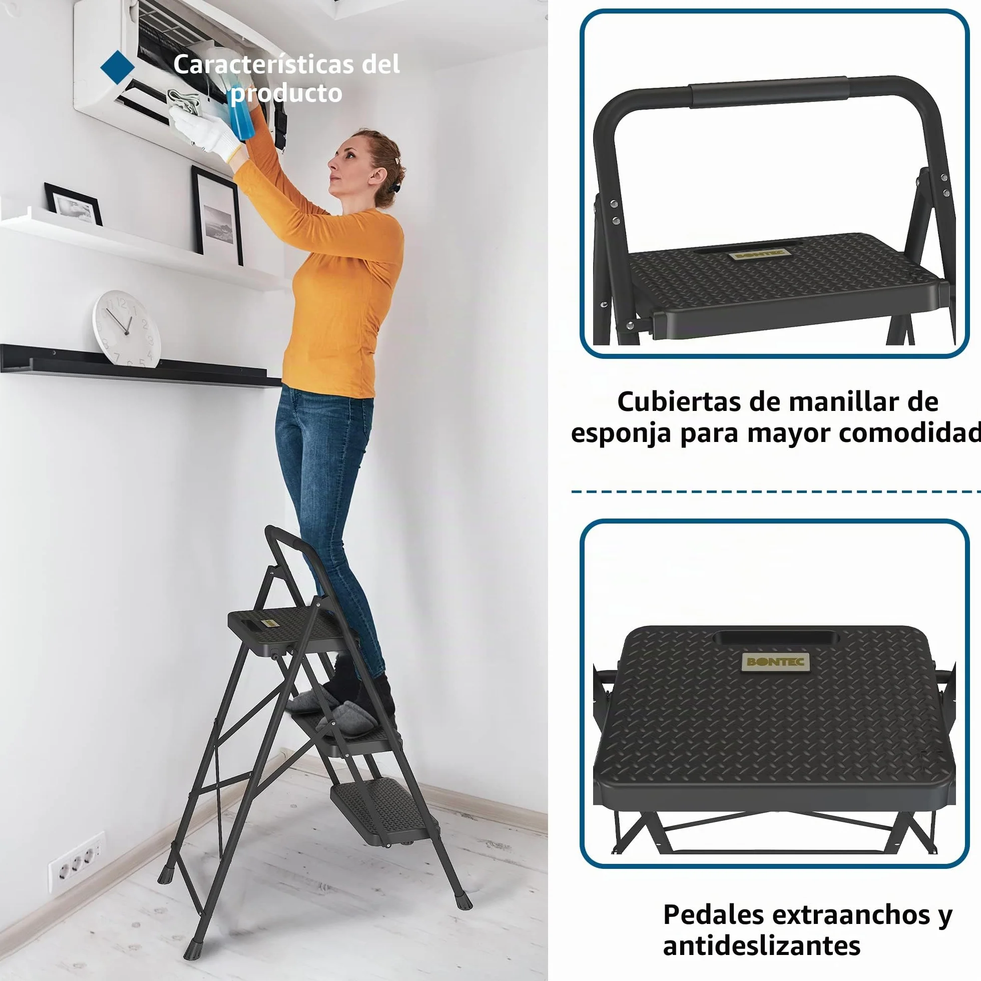 BONTEC Escaleras Plegables de 3 Escalones, Capacidad de 150KG con Pedales Antideslizantes Anchos, Taburete Escaleras de Mano de Acero, Manubrio de Esponja, Uso en Interiores y Exteriores, Negro