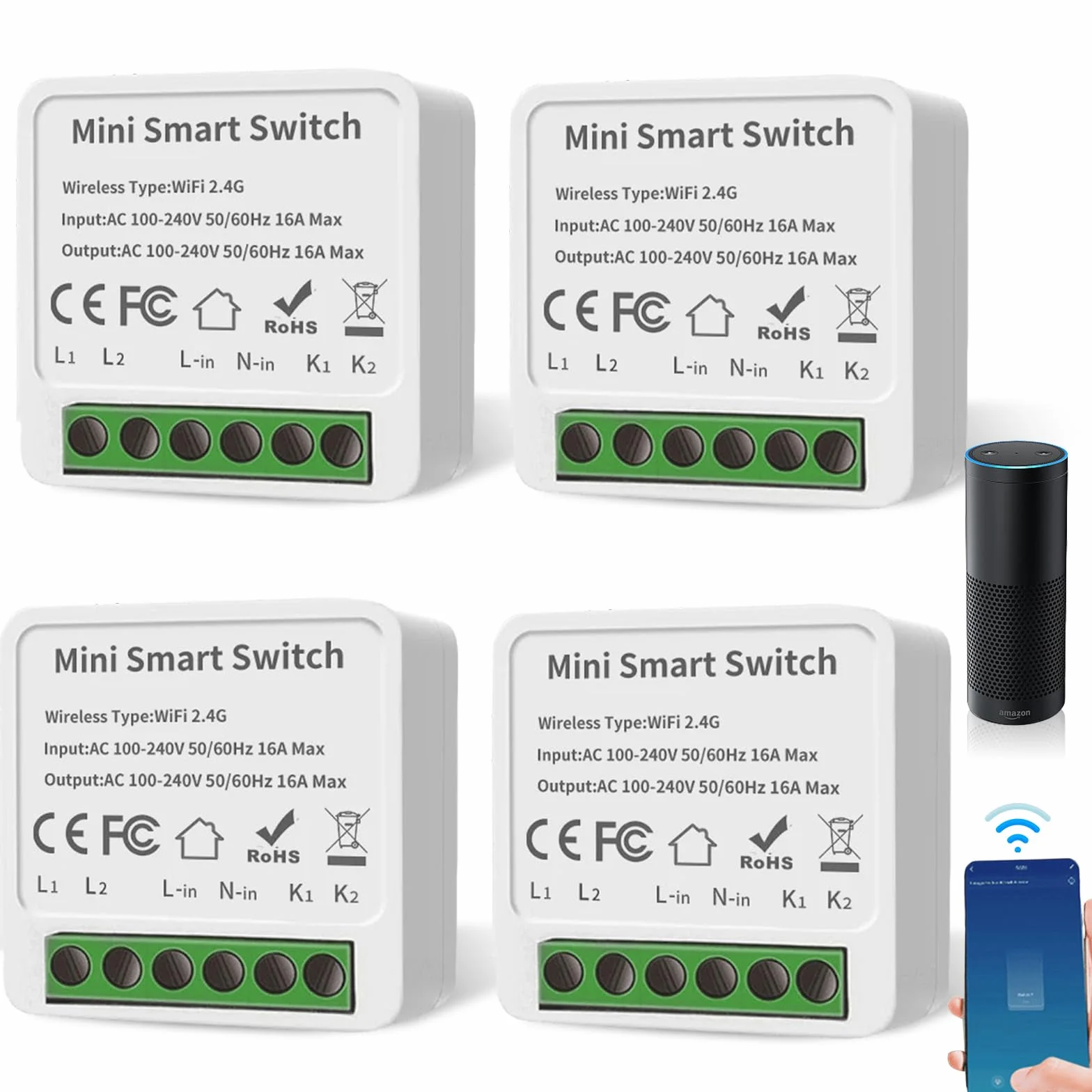4 interruptores de luz inteligentes, módulo de 1 vía, doble control, mini interruptor wifi DIY, adecuado detrás interruptor de pared, módulo compatible con la aplicación Tuya, Alexa y Google Home