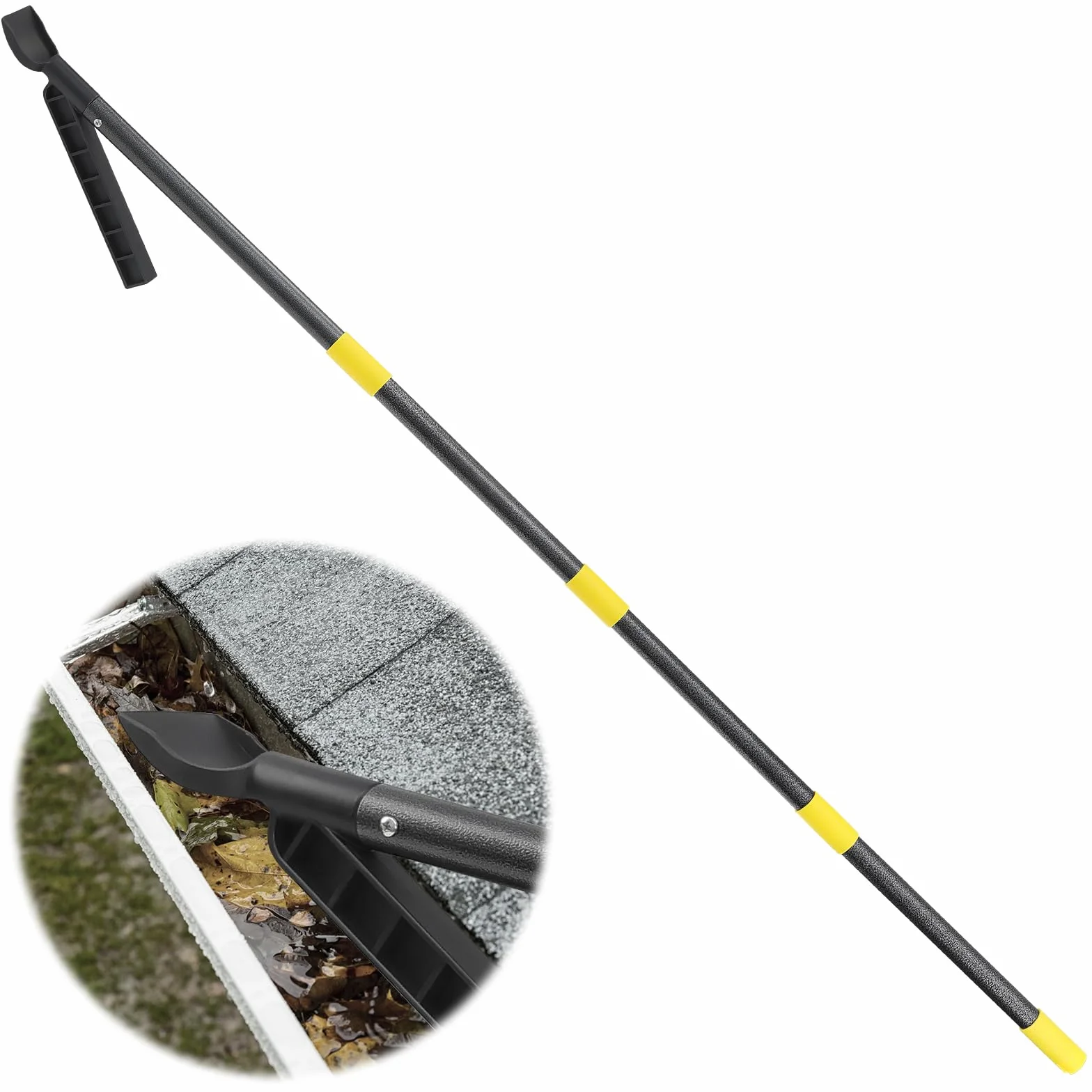 Herramienta de limpieza de canalones con poste extensible de 235 cm, herramienta de limpieza de canalones de lluvia, cuchara y recogedor para limpieza de hojas de canalones de techo