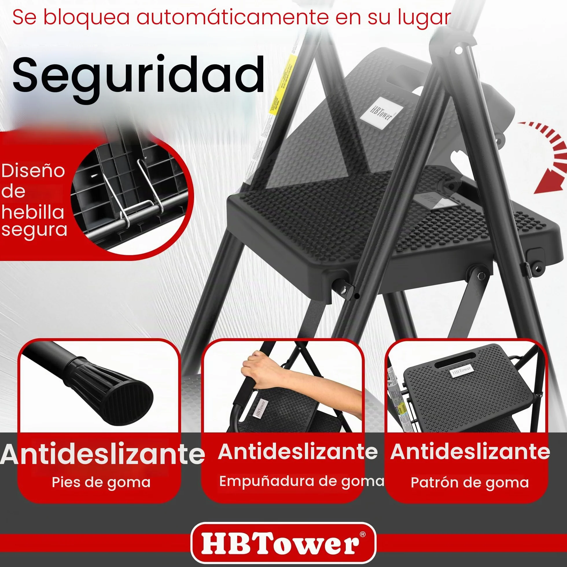 HBTower Escalera 3 Peldaños Plegable, Peldaños Antideslizantes con Asas Cómodas, Escalera Portátil de Acero, Negra