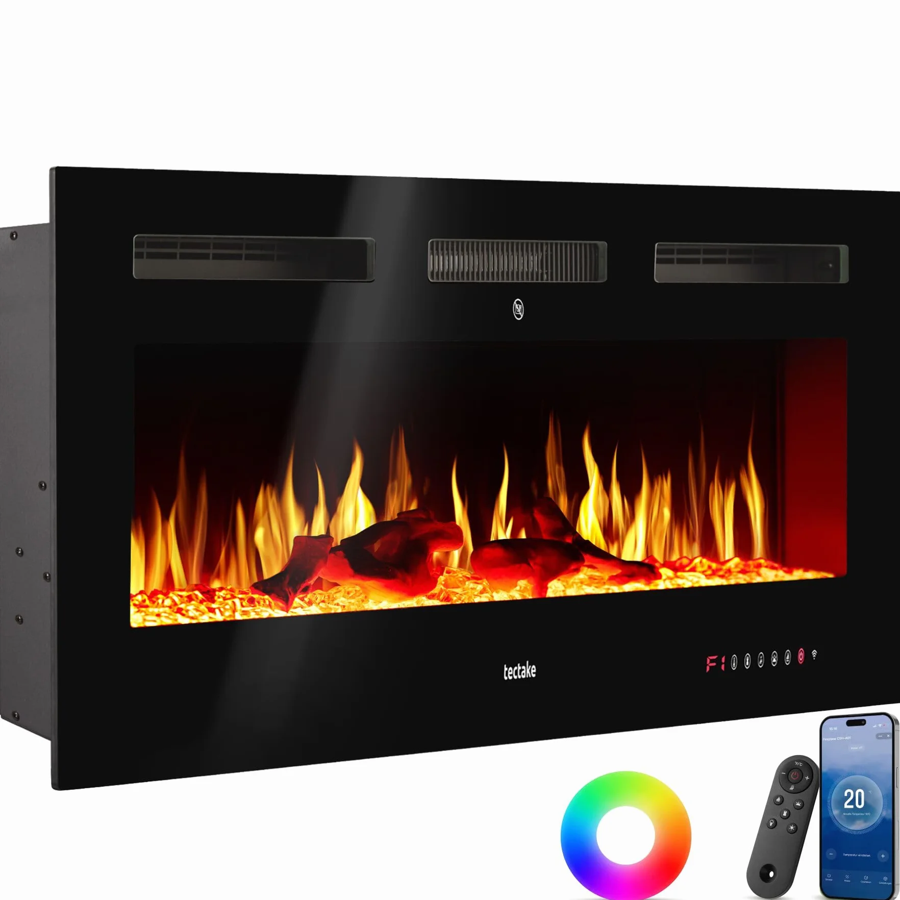tectake® Chimenea Electrica Decorativa con Efecto Llama 3D, 2 Niveles de Calefacción, Control Remoto, Chimenea Eléctrica con Termostato Integrado, Protección Sobrecalentamiento - 12 x 127 x 43 cm
