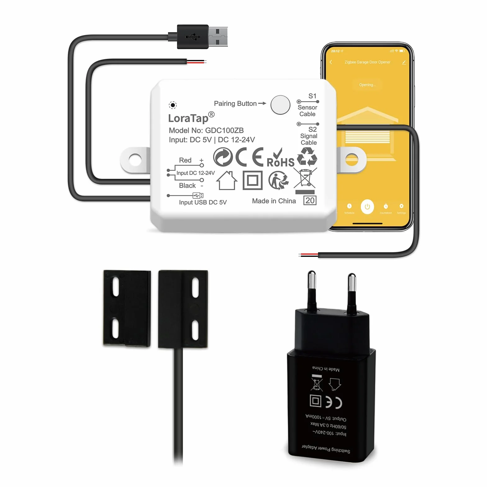 LoraTap ZigBee Smart Control de garaje | Módulo relé integrado con sensor Reed | USB 5V/DC 12-24V | Compatible con Tuya App/Alexa | Instalación de 15 minutos