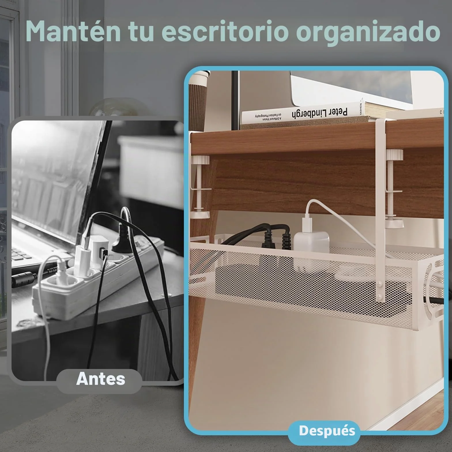 Bandeja de gestión de Cables para Debajo del Escritorio, Organizador de Cables sin Taladro, Bandeja de Cables Ajustable y retráctil, fácil de Instalar, solución de Cables para el hogar u -1 Paquete