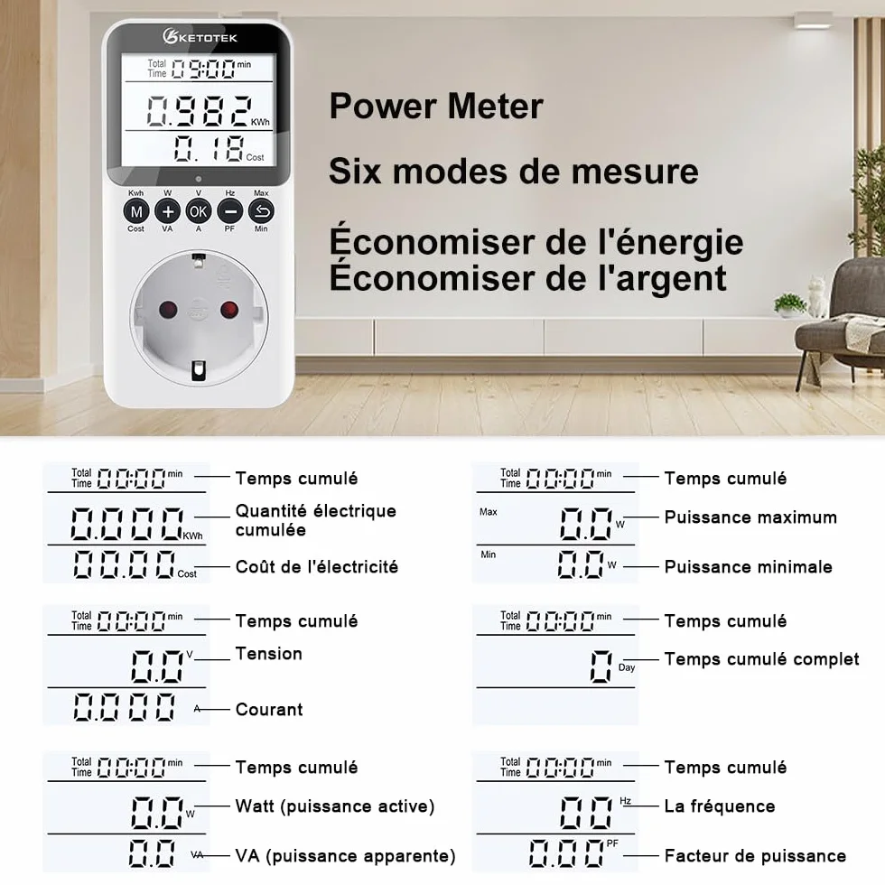 KETOTEK Medidor de Consumo Electrico, Enchufe Monitor de Electricidad con Pantalla LCD Retroiluminada, Medidor de Costo de Electricidad Medidor de Energía con 3680W Protección contra Sobrecarga