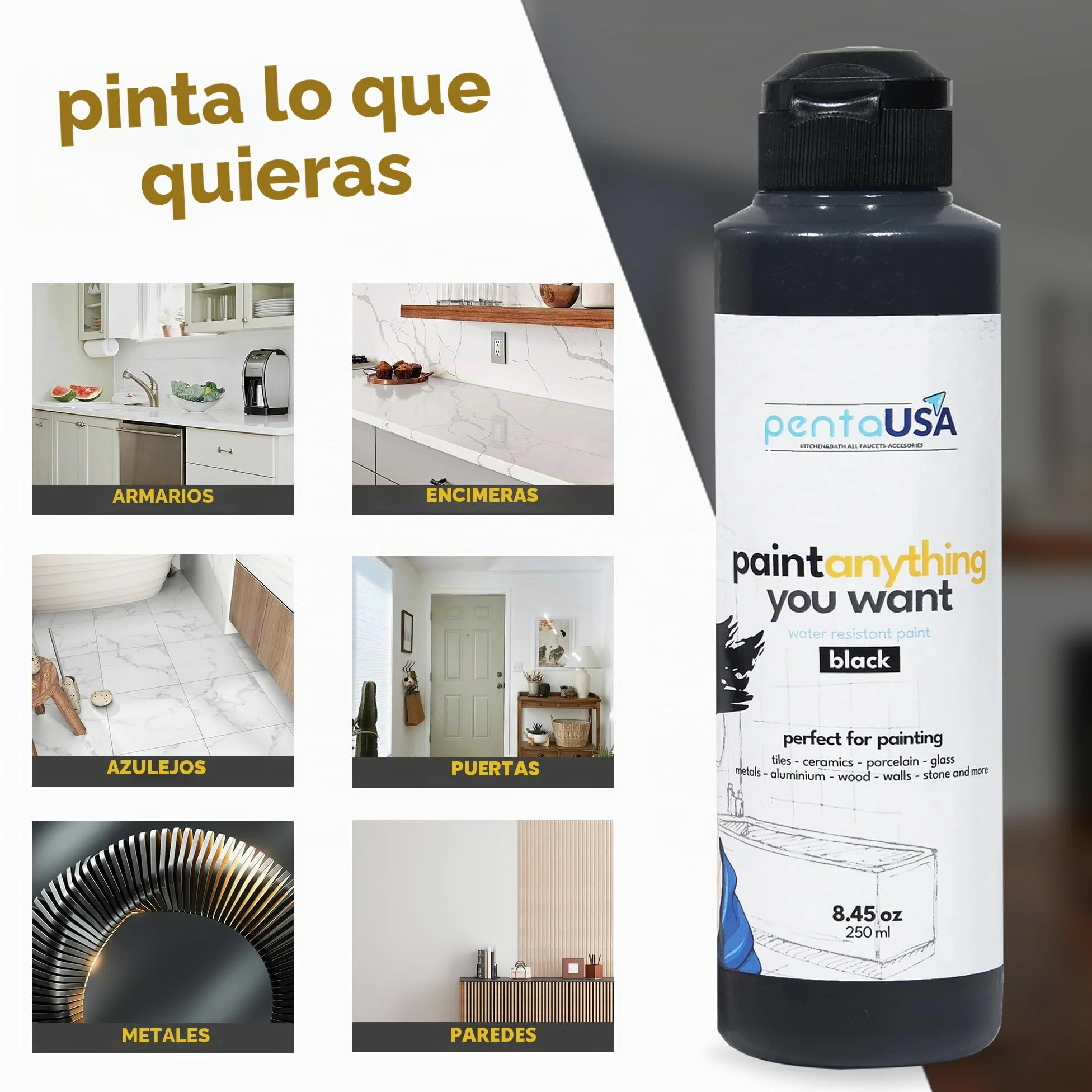 Pintura Multisuperficie - Pintura Impermeable Multiusos para Baño, Bañera, Azulejos, Lavabo, Muebles de Cocina, Encimeras, Madera, Mobiliario - Mate, 250ml (Negro)