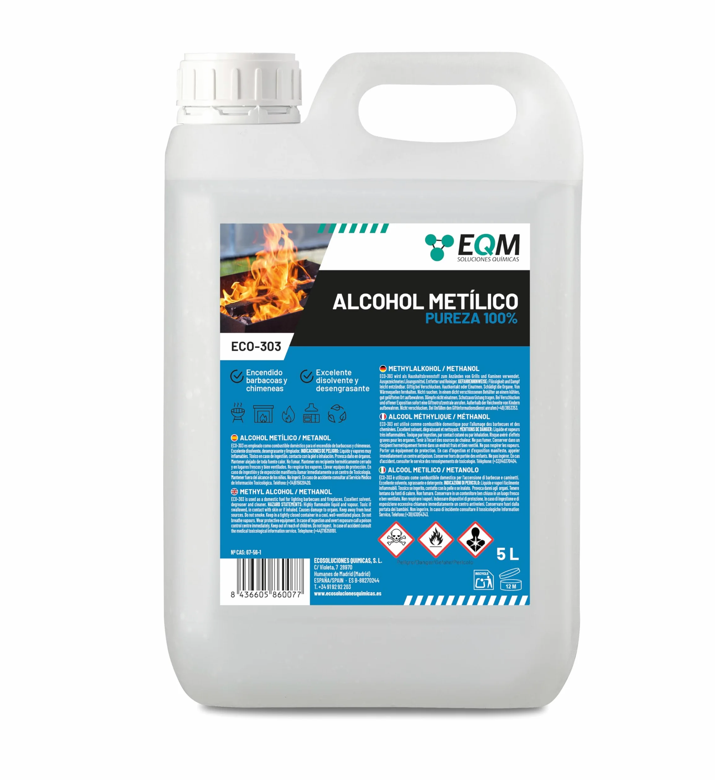 EQM - ECO-303 - Alcohol Metílico 99% Pureza - Metanol - 5L - Combustible de chimeneas y barbacoas - Disolvente industrial, desengrasante y limpiador de superficies