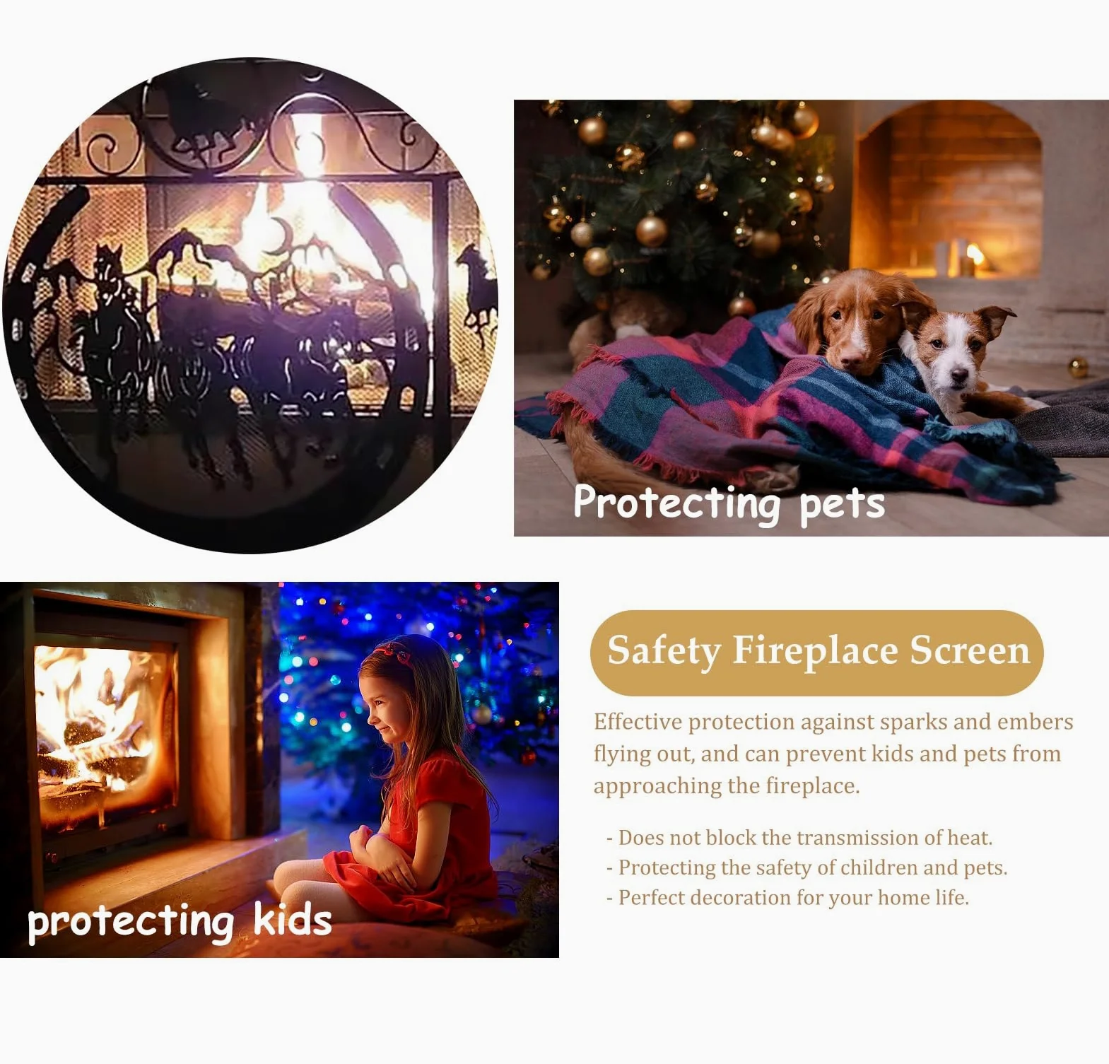 Salvachispas Chimenea Malla Protectora Plegable de 3 Paneles para Estufa de Leña, Puerta Protectora Plegable para Chimenea con Diseño de Caballos, Barrera Protectora de Hierro Forjado para Chimenea