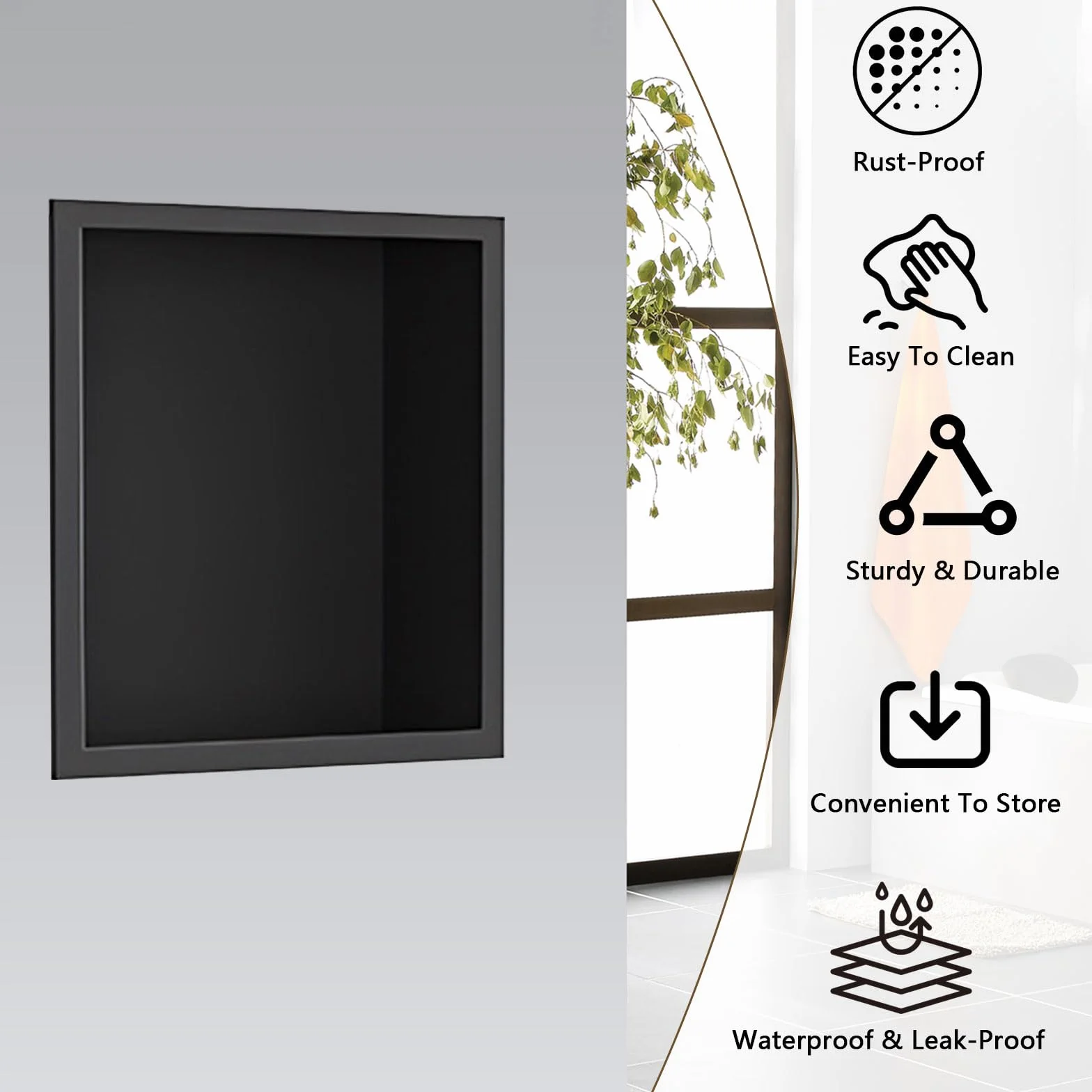 Nicho de ducha negro 320 x 320 x 125 mm, inserto de pared de acero inoxidable, bandeja impermeable, organizador de almacenamiento
