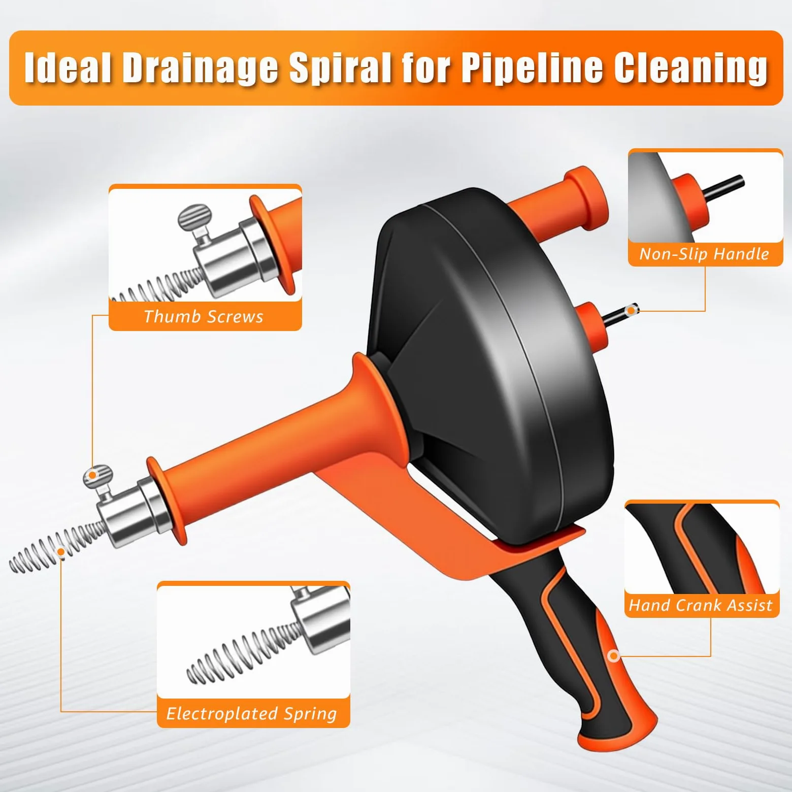 Espiral de limpieza de tuberías con accesorio de perforación de 13 m | Serpentín para Desatascos Ecológico, Ideal para Cocina y Baño – Cable de Acero al Manganeso, Empuñadura Antivibración