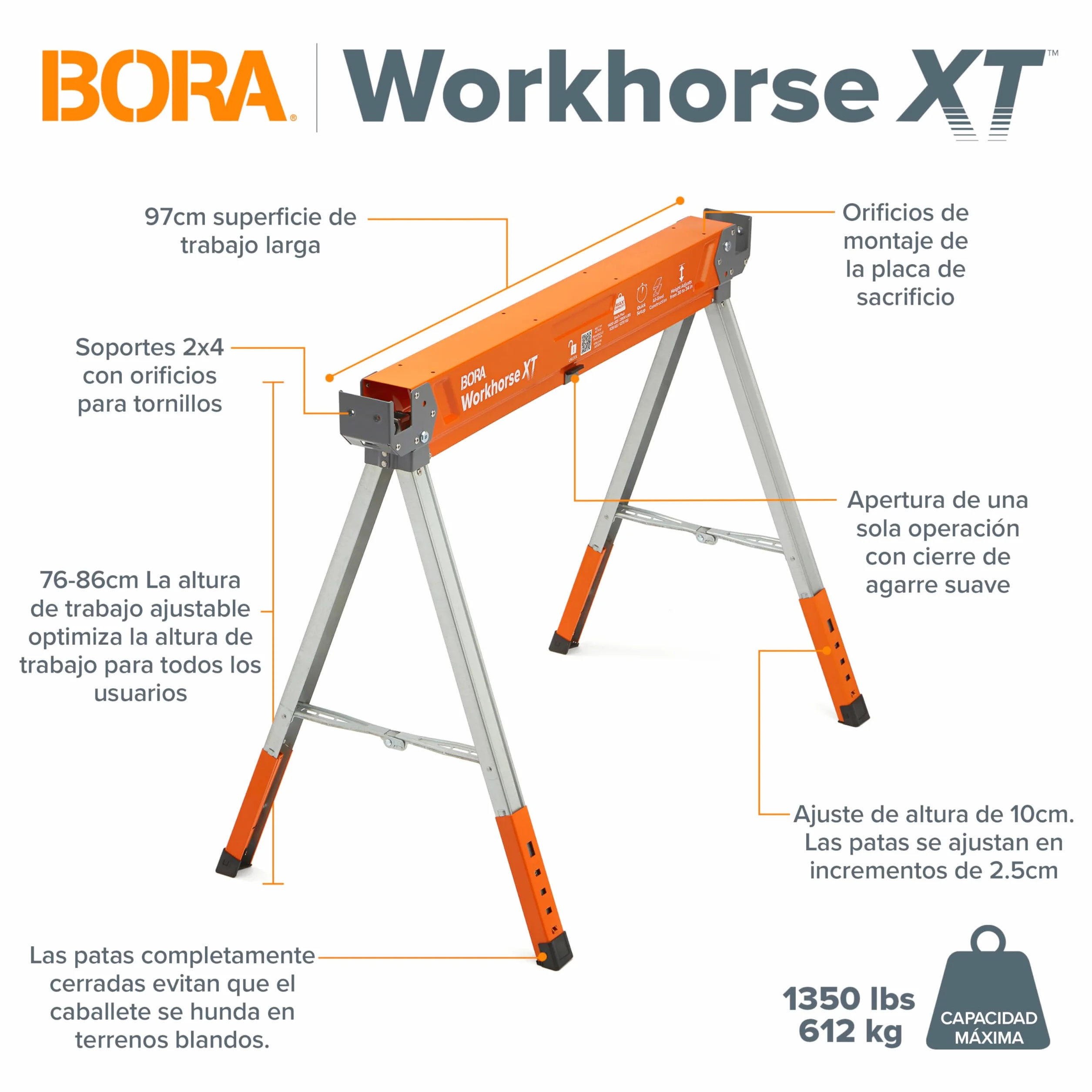 Bora Workhorse XT Juego de 2 Caballetes de Sierra Plegables Altura Ajustable Resistentes para Contratistas