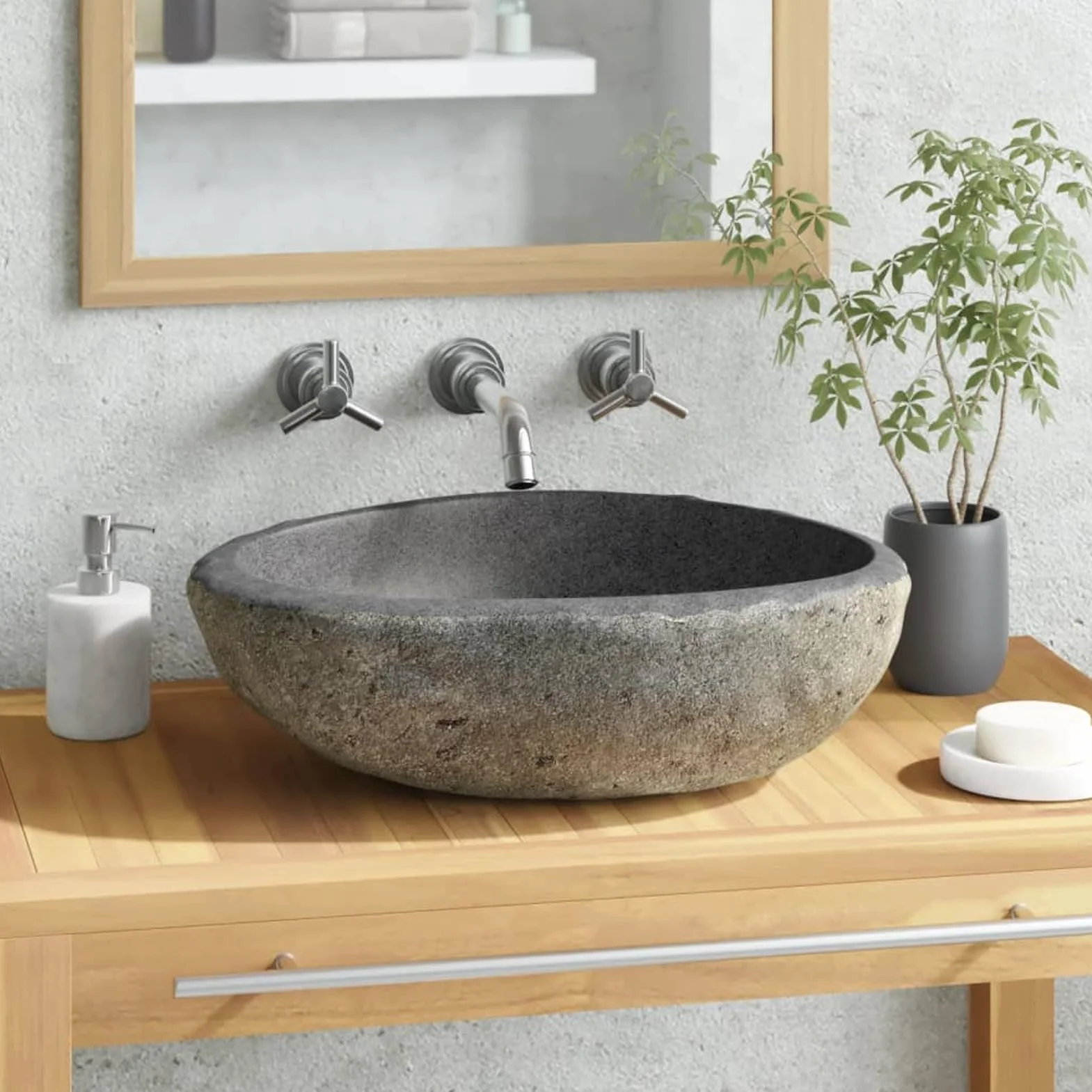 ZEYUAN Lavabo de Piedra de Río Ovalado 29-38 cm, Fregadero Sobre Encimera, Lavamanos para Baño, Lavatorio Casa De Banho