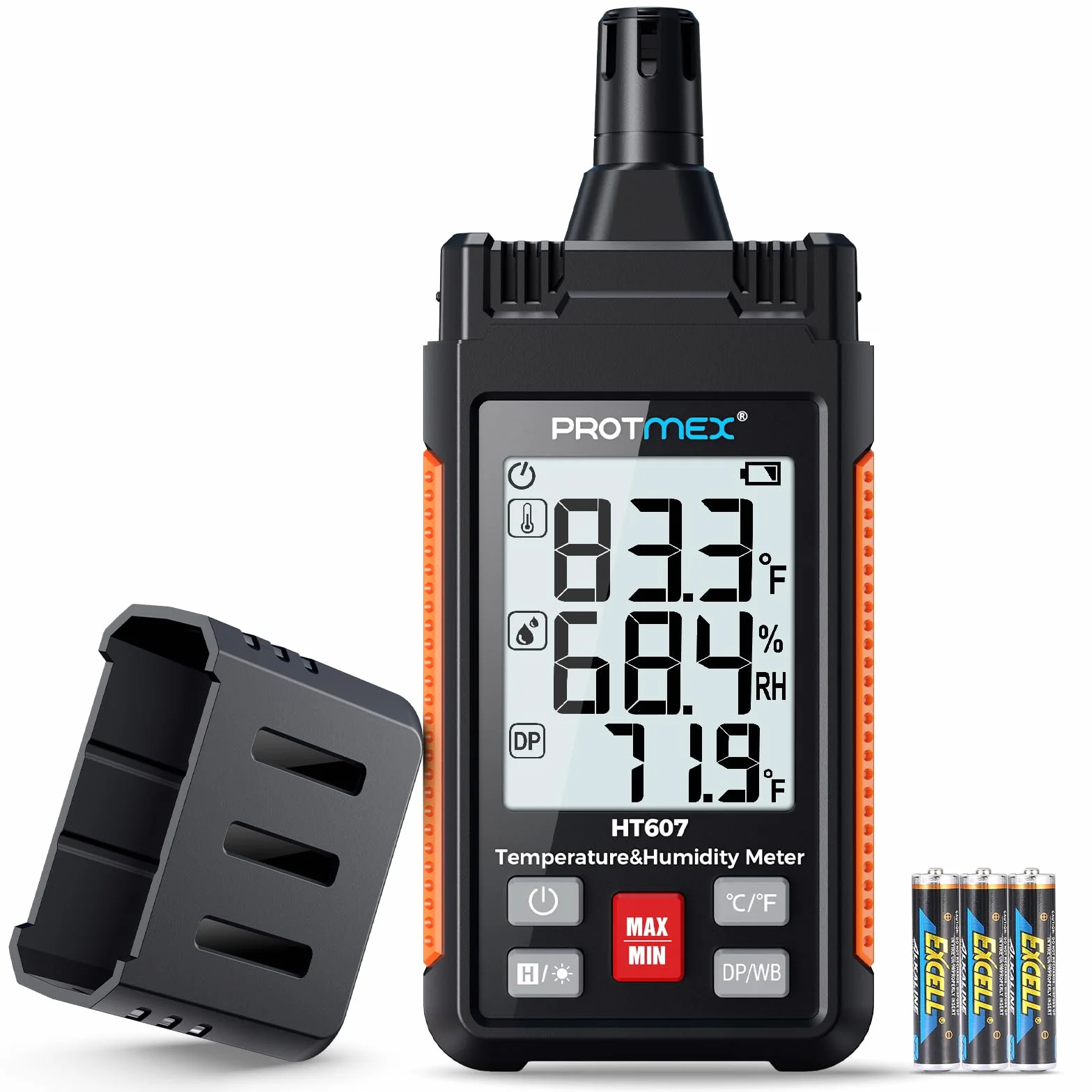 HT607 Medidor de temperatura y humedad de alta precisión con temperatura ambiente, humedad relativa, punto de rocío, termómetro de bulbo húmedo, retención mín./máx., retroiluminación LCD