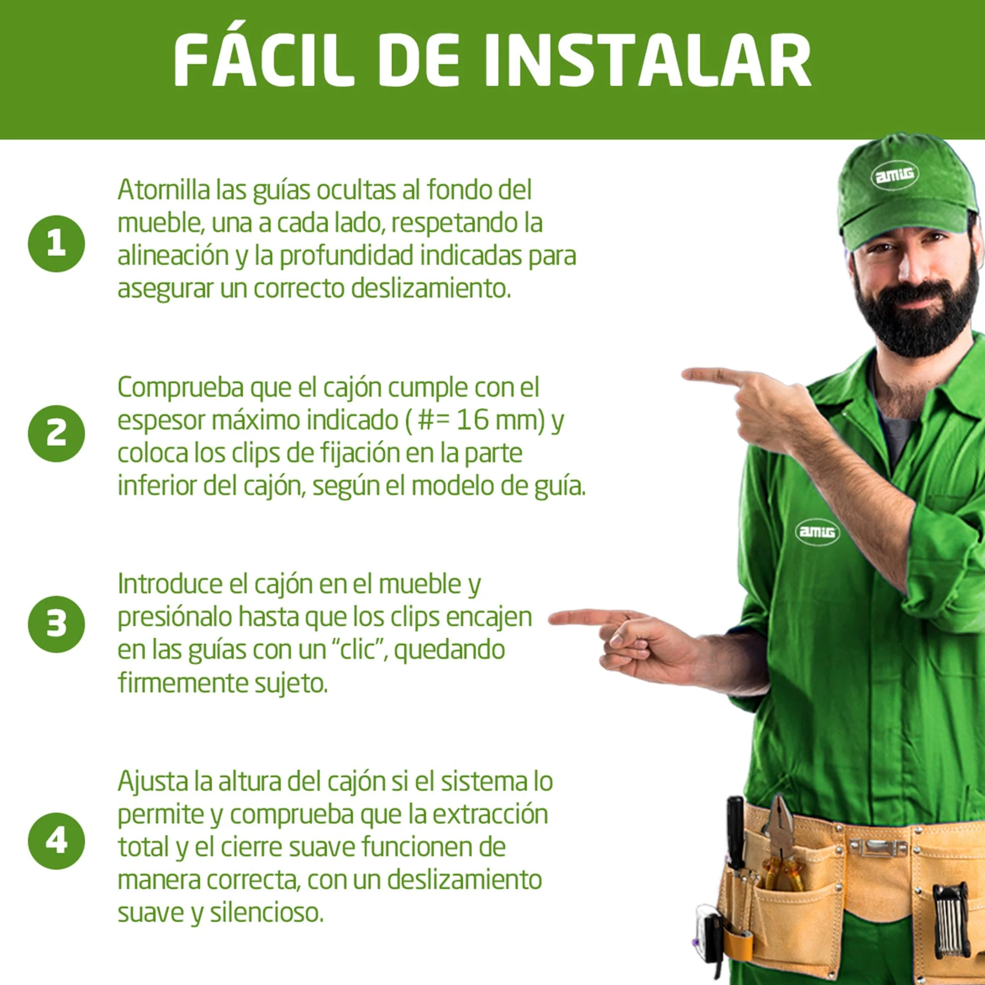 Amig - Juego de 2 guías Correderas Mod.41 de Acero Zincado para Cajones de Muebles, Cajoneras o Armarios - De Extracción Total con Autocierre - Resistencia de carga: 25 Kg/Par - Medidas: 400 mm