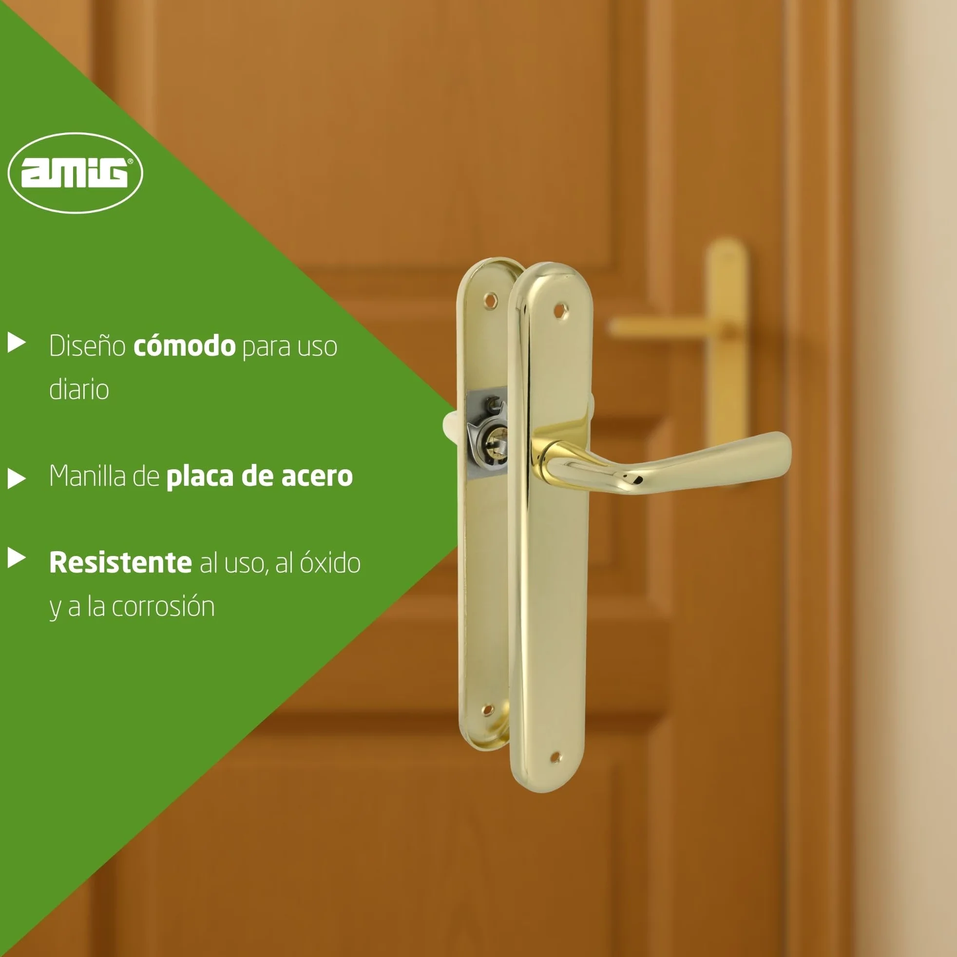Amig - Juego de Manillas de Placa de Latón - Modelo 252P Medida: 250 x 40 mm - Cuadradillo de 8 mm - Resistente a la Corrosión, Incluye tornillería - Acabado: Latonado barnizado