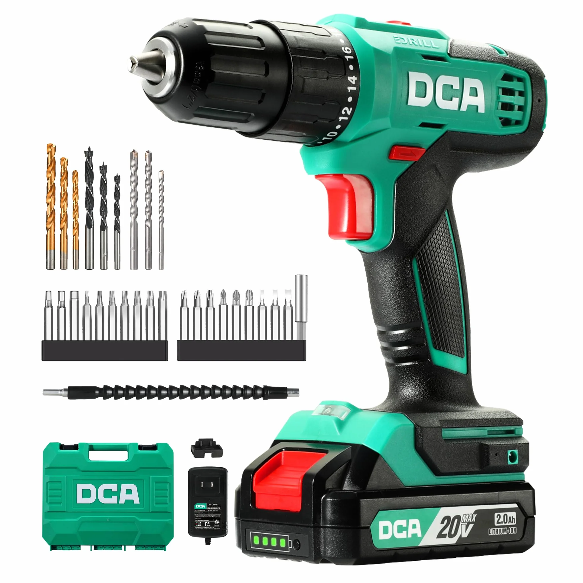 DCA Taladro percutor inalámbrico 20V, 40 Nm, portabrocas automático de 13 mm, 22500 IPM, 2 velocidades, 18+1+1, taladro de impacto con 14 brocas/destornilladores para ladrillo, metal y madera