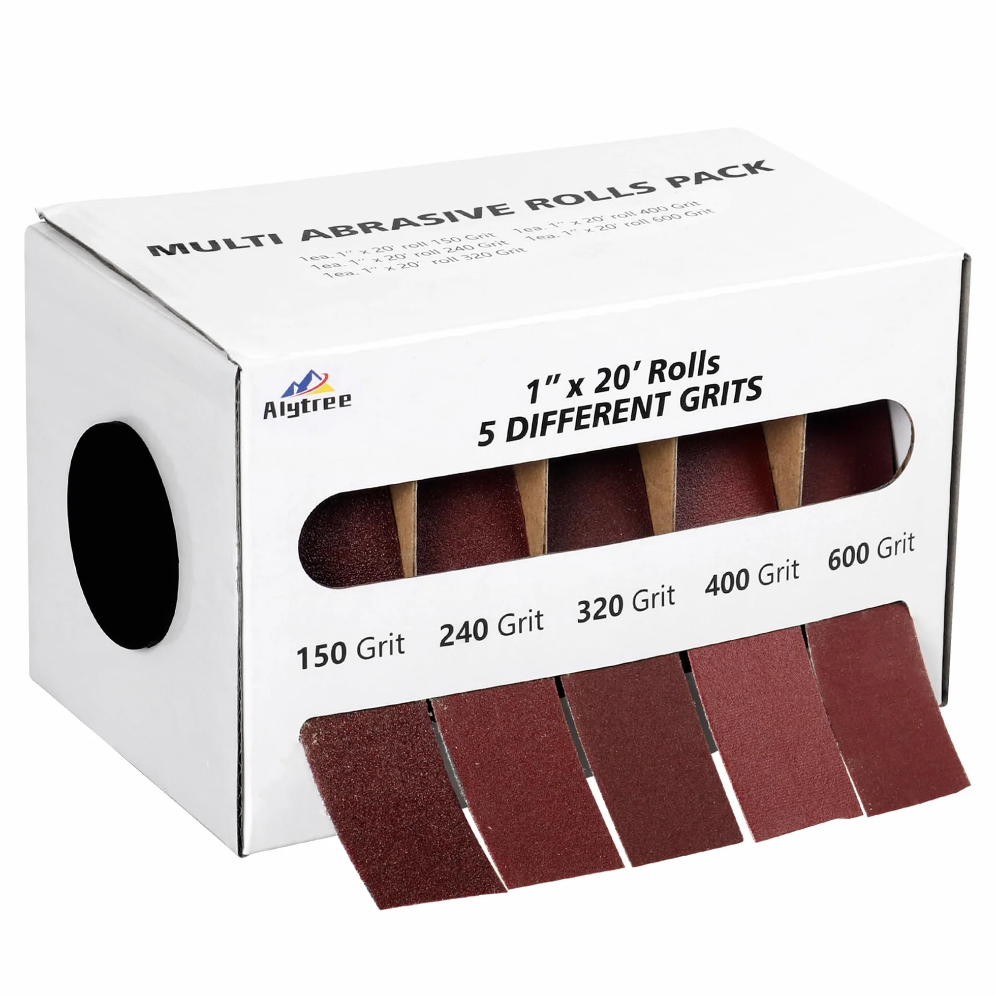Rollo de papel de lija – 6 m x 25 mm, 5 grano 150, 240, 320, 400 y 600, rollos de papel de lija con caja dispensadora, juego de papel de lija para lijadora manual para madera y metal