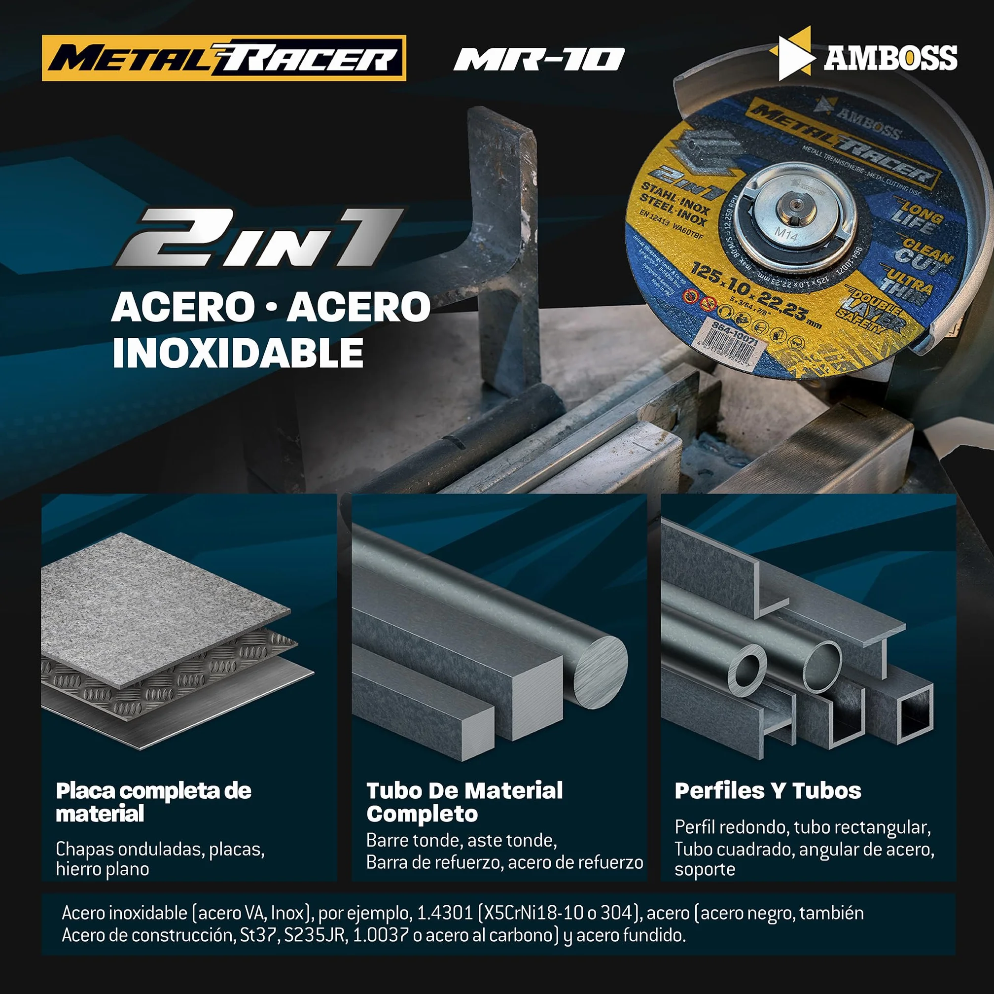 50 discos de corte de metal de 125 x 1 x 22,23 mm – El disco de corte de Metal Racer by AMBOSS WERKZEUGE es adecuado para acero y acero inoxidable