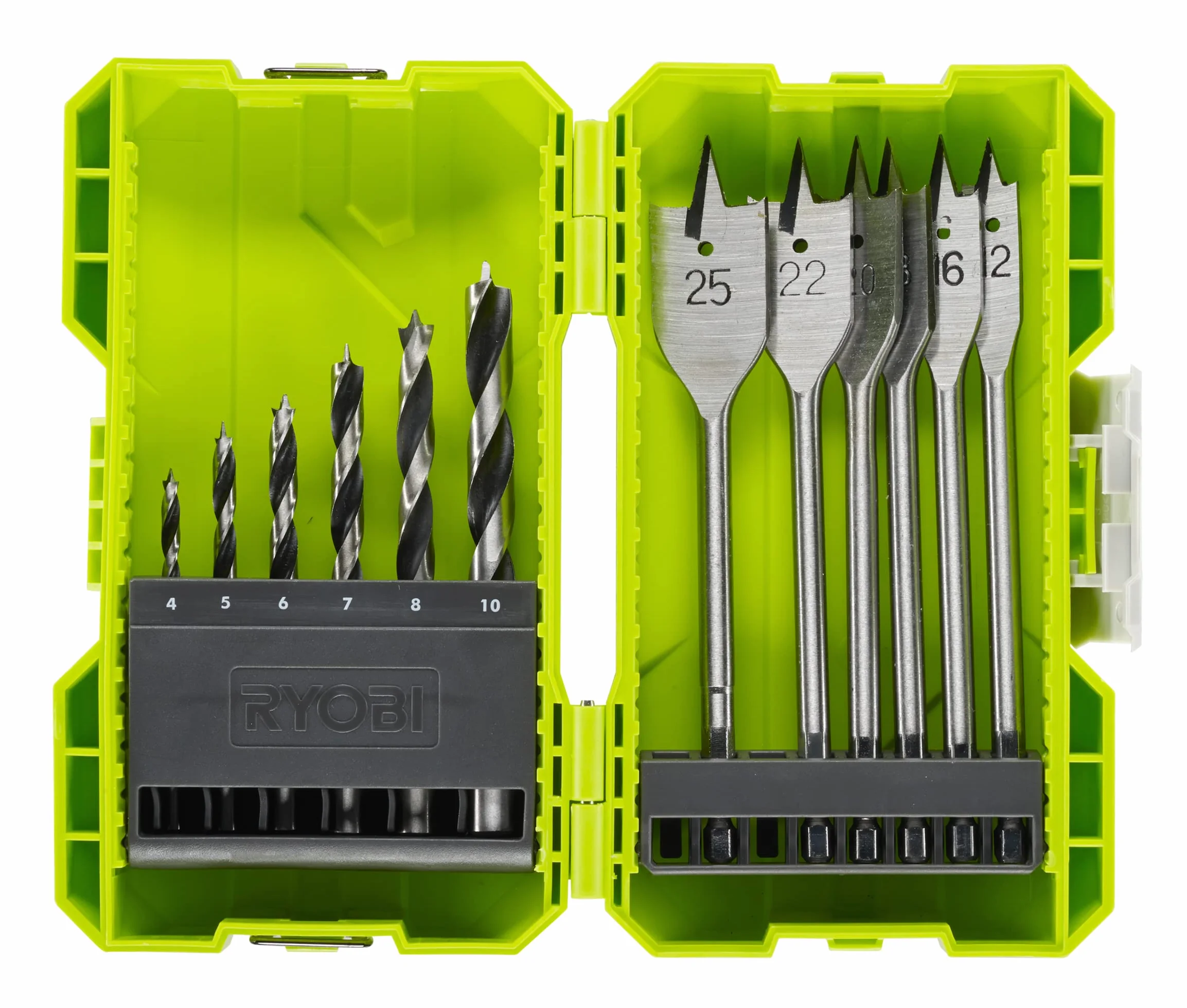RYOBI-Caja empilable perforación madera 12 Accesórios (6 brocas + 6 pala)