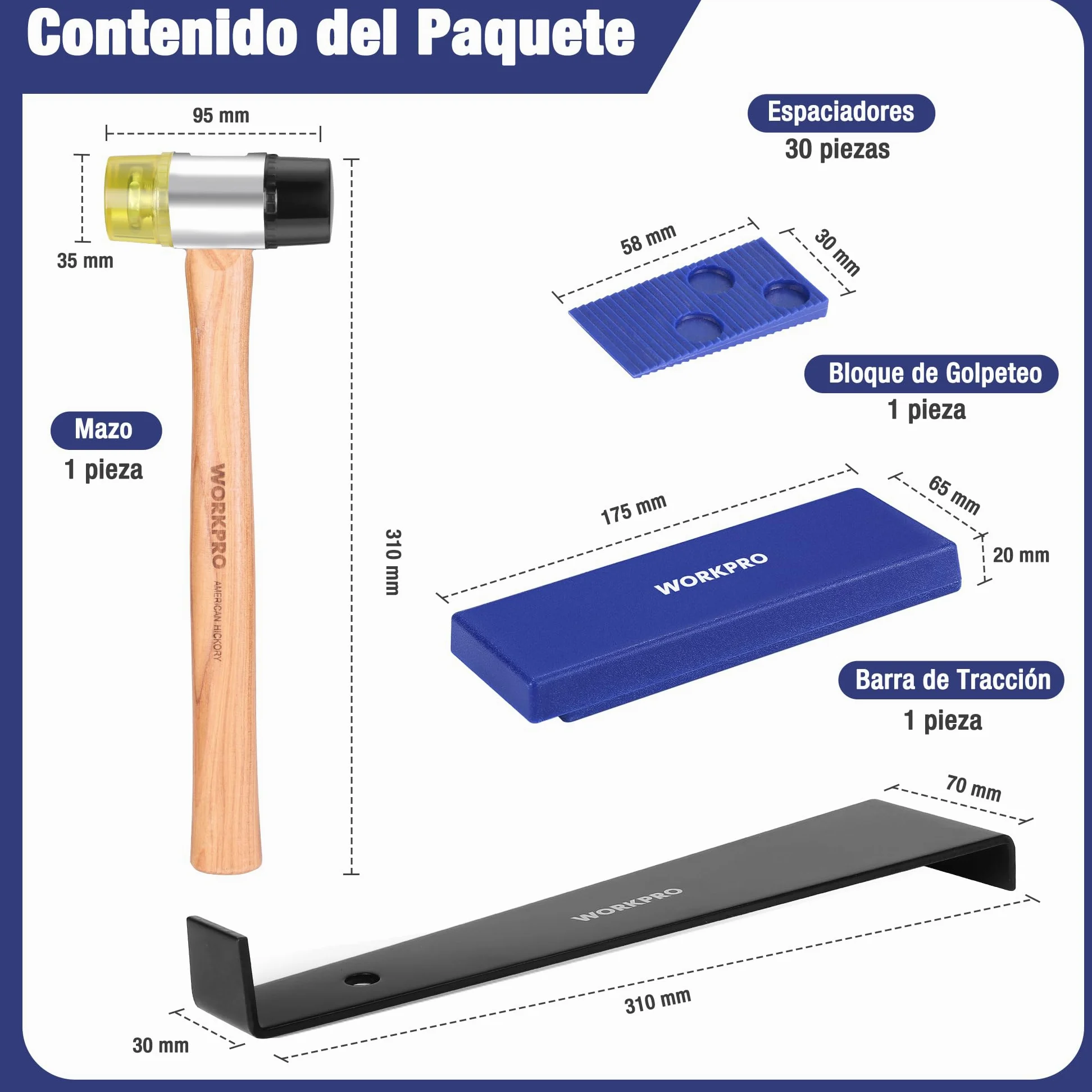 WORKPRO Herramientas para Suelos Laminados con 30 Separadores, Kit de Instalación de Suelo y Piso Laminado, Martillo de Doble Cara, Barra de Tracción y Taco de Impacto