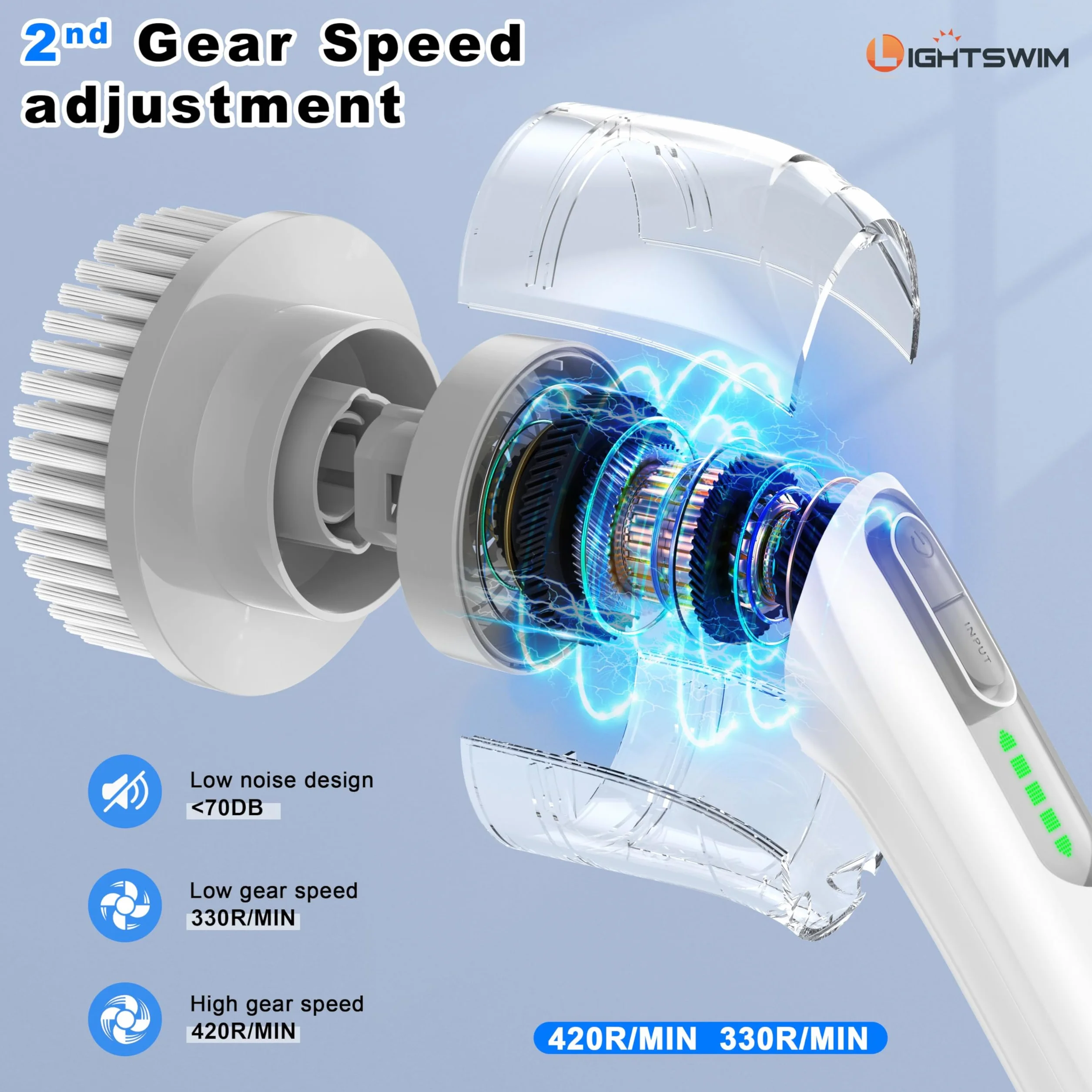 Lightswim Limpiador giratorio eléctrico, cepillo de limpieza 7 en 1, limpieza potente de 420 rpm, limpiador de baño de 1.5 horas de velocidad dual con brazo de extensión para cocina, coche, azulejos