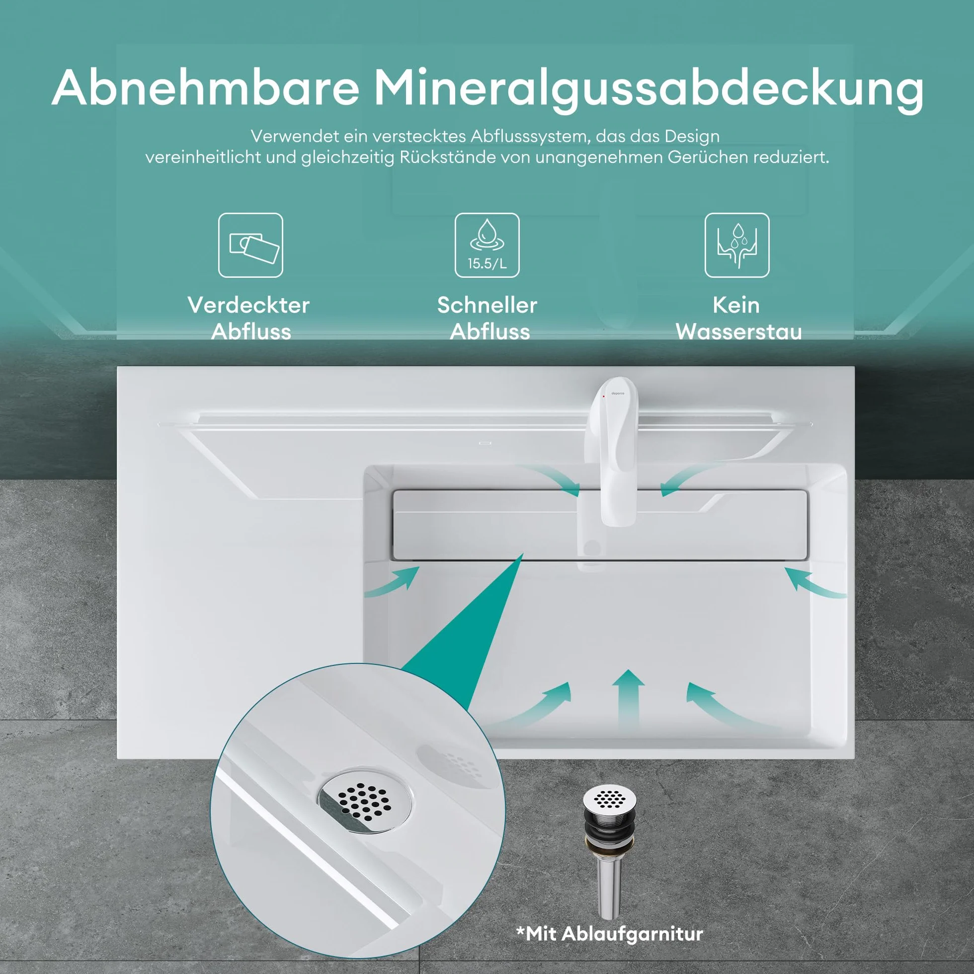 Mai & Mai Lavabo sobre Encimera Lavabo Derecho Suspendido Baño | Rectangular | Blanco Brillante | Mármol Fundido | 75x43x14cm | 1 Orificio para Grifo sin Rebosadero | Colossum12