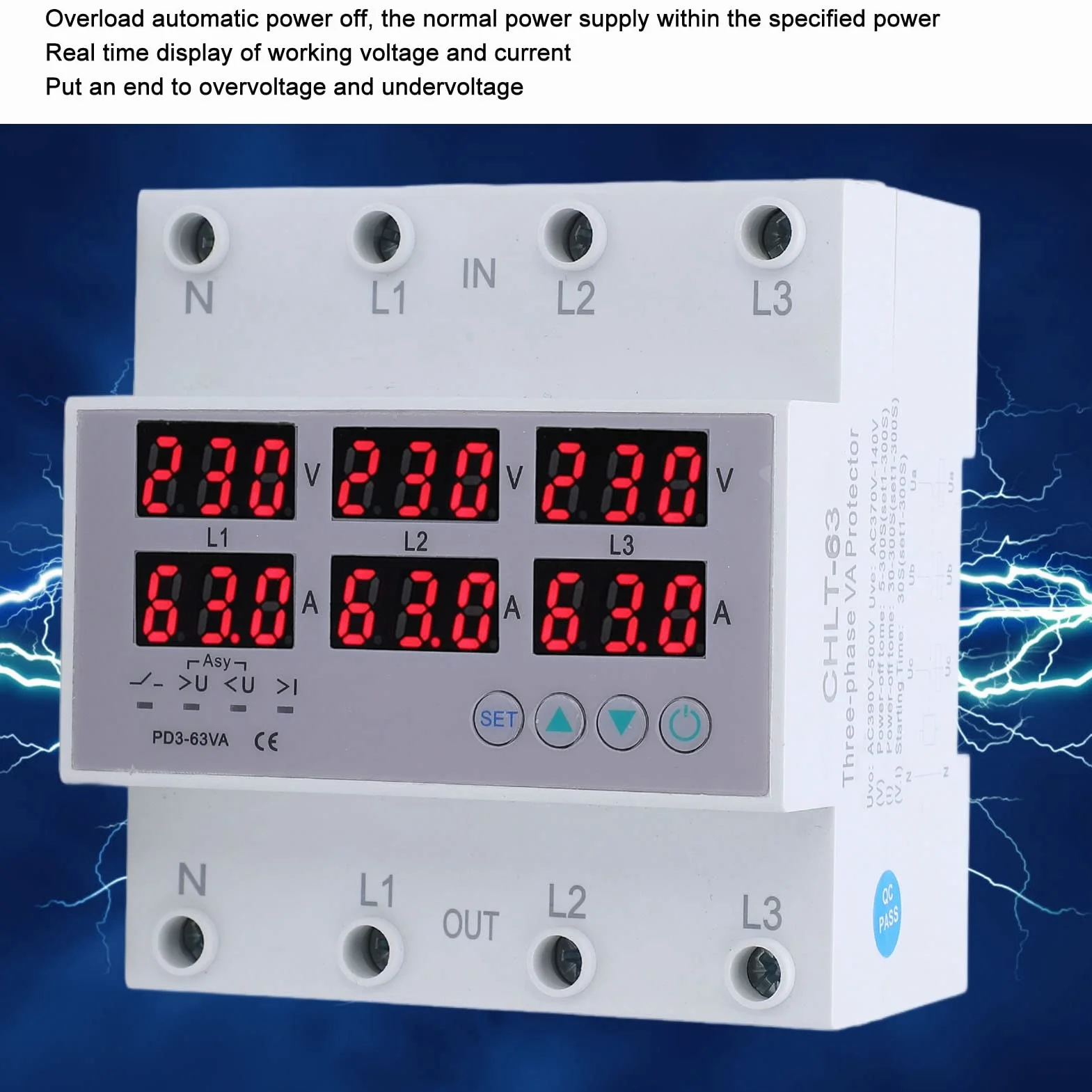 63A Probador Múltiple Amperímetro Voltímetro Riel DIN Trifásico CA 390‑500V Protector Sobrecorriente Sobrevoltaje Automático