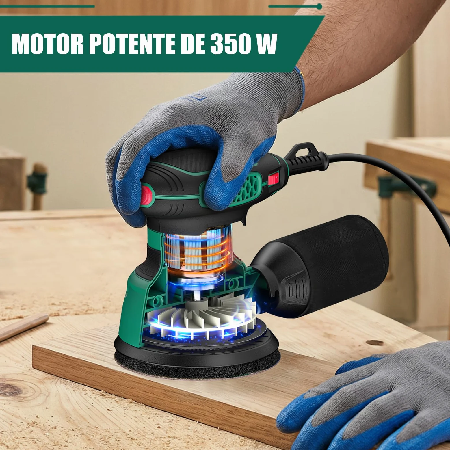 SORAKO Lijadora orbital aleatoria 350W 125mm,6 velocidades, 16 hojas de lija, sistema de extracción de polvo y freno rápido,Para carpintería y proyectos de bricolaje