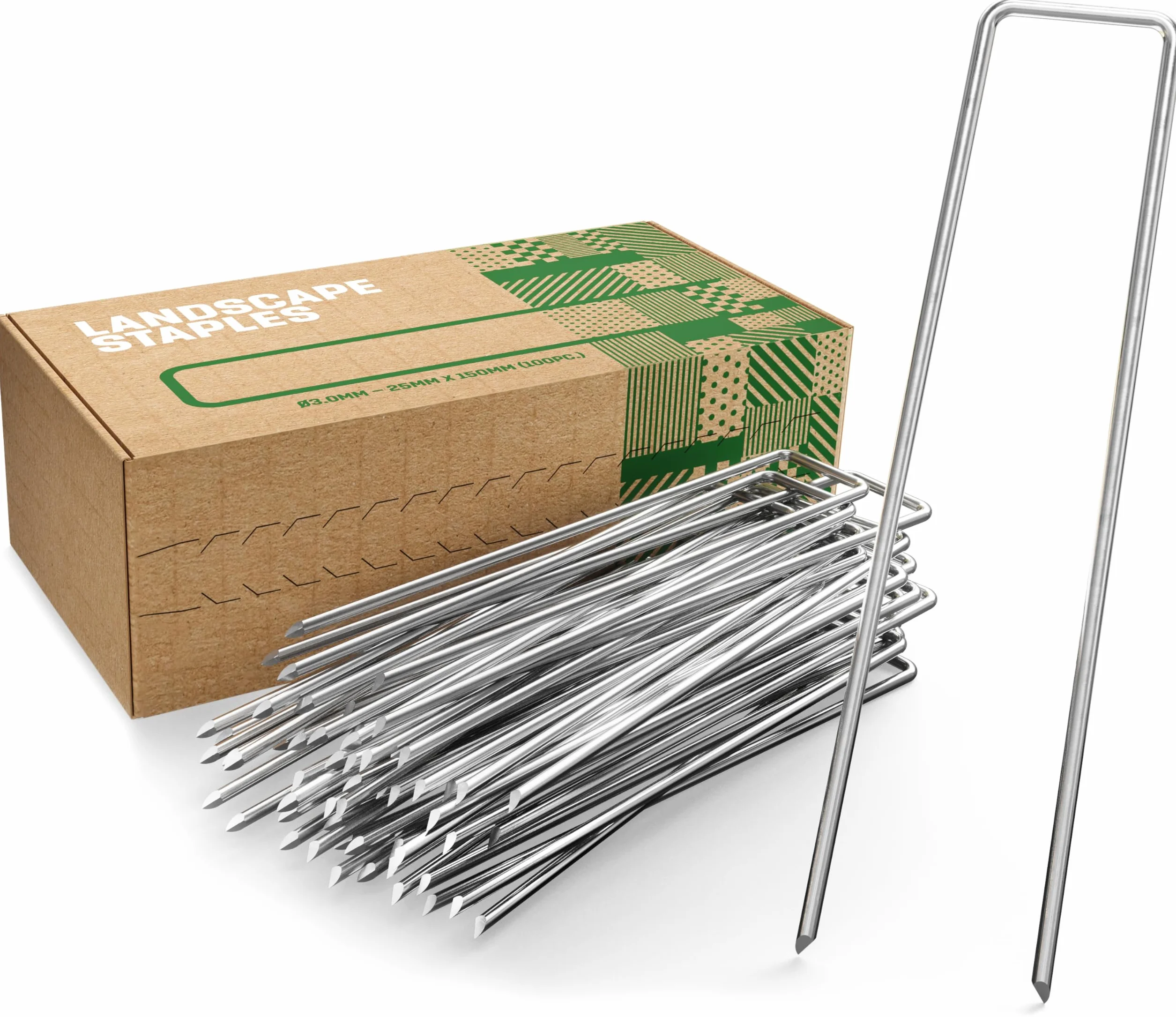 GardenGloss Grapas de Sujeción de Acero Galvanizado (100 Piezas) - Anclaje de Suelo Robusto para Malla Anti-maleza, Malla de jardín & Acampada - 150 MM de Largo, 25 MM de Ancho, Ø 3 MM